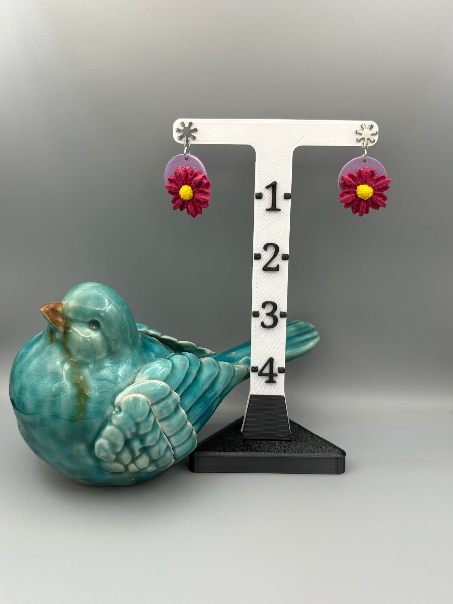 Magenta 3D Flower Dangle Earrings - handcrafted polymer clay earrings by Lakeside Clay