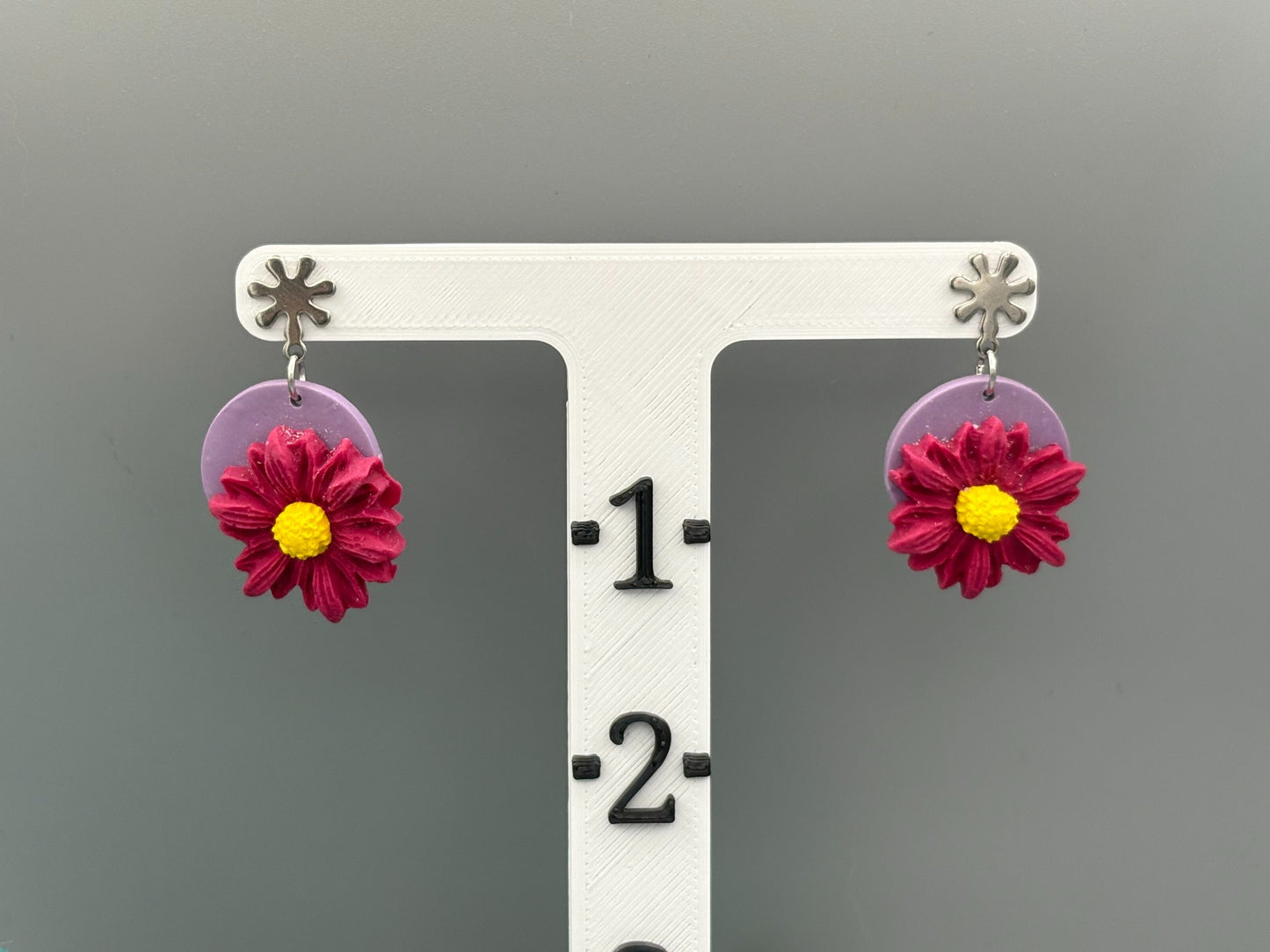Magenta 3D Flower Dangle Earrings - handcrafted polymer clay earrings by Lakeside Clay