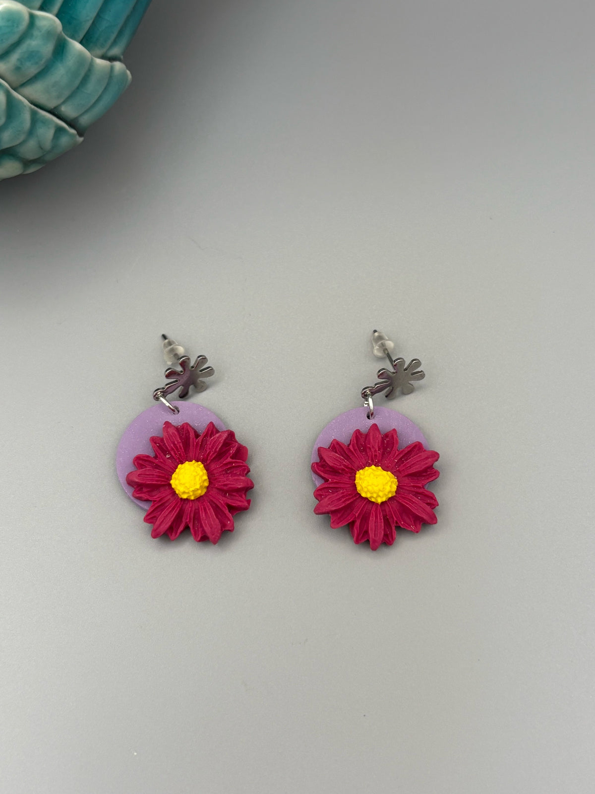 Magenta 3D Flower Dangle Earrings - handcrafted polymer clay earrings by Lakeside Clay