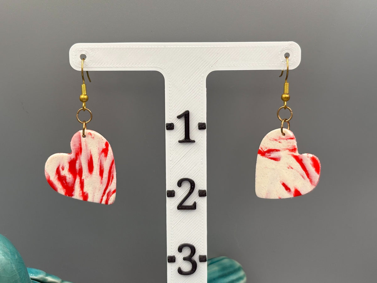 Red & White Marble Hearts Earrings - handcrafted polymer clay earrings by Lakeside Clay
