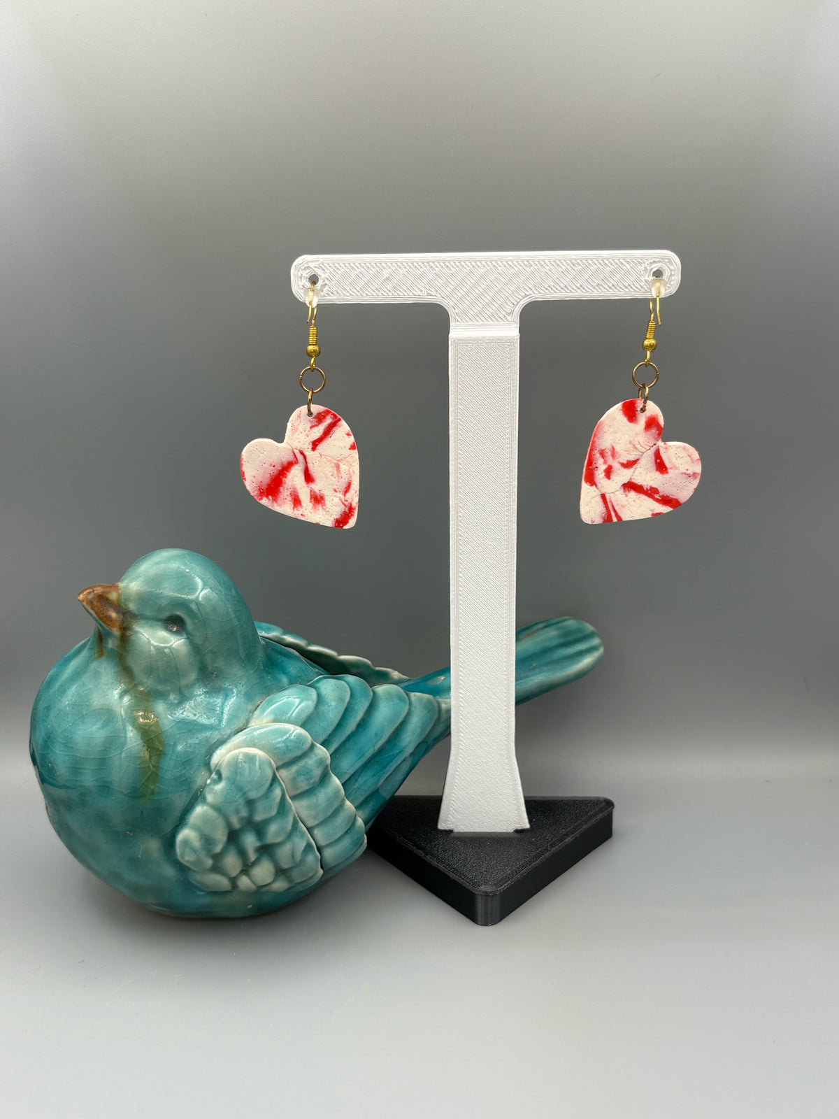Red & White Marble Hearts Earrings - handcrafted polymer clay earrings by Lakeside Clay