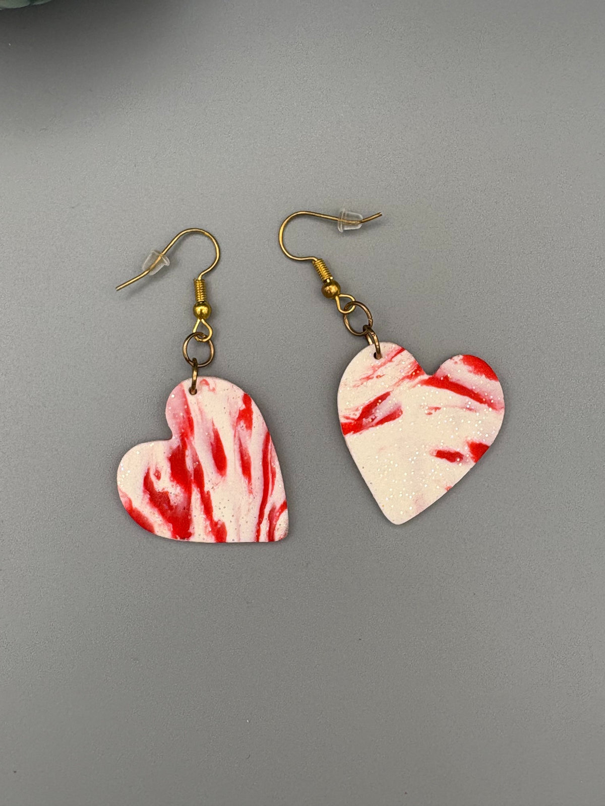 Red & White Marble Hearts Earrings - handcrafted polymer clay earrings by Lakeside Clay