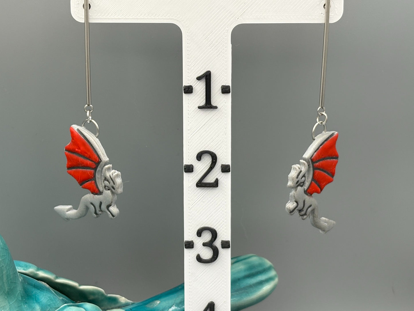 Silver & Red Flying Dragon Dangle Earrings - handcrafted polymer clay earrings by Lakeside Clay