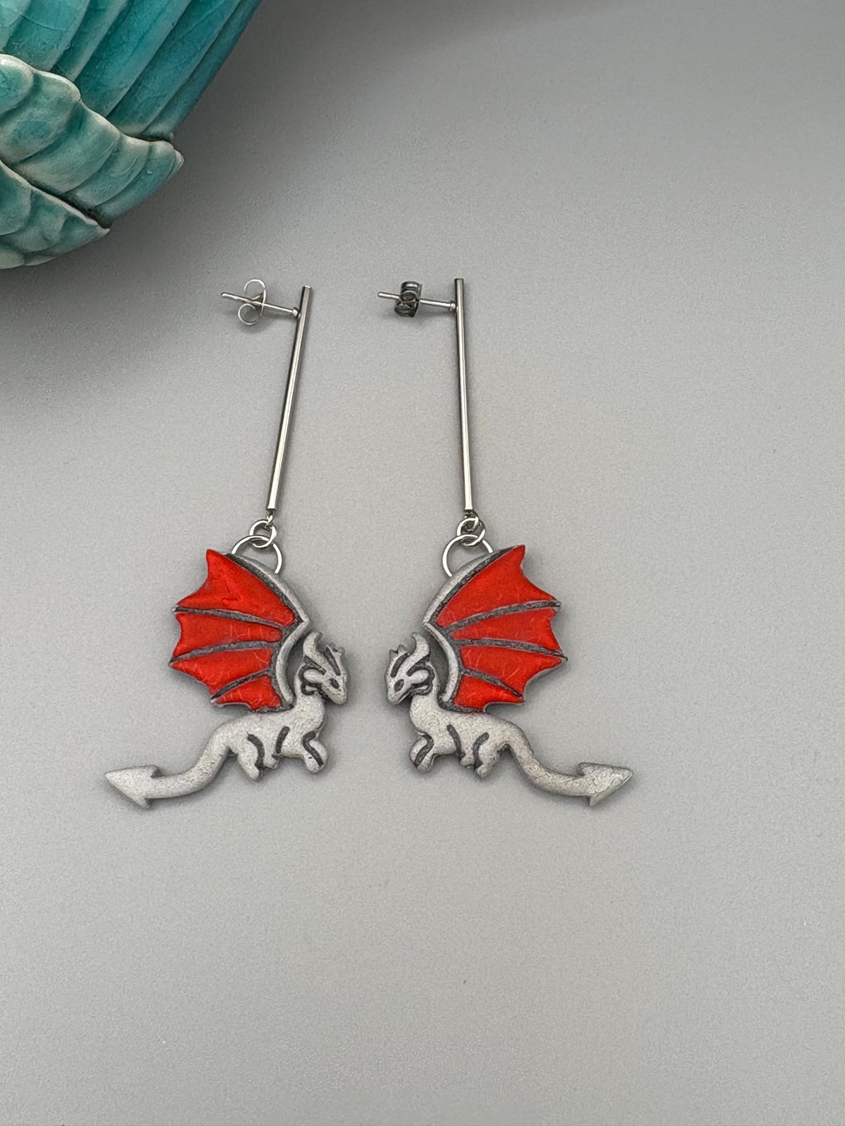Silver & Red Flying Dragon Dangle Earrings - handcrafted polymer clay earrings by Lakeside Clay