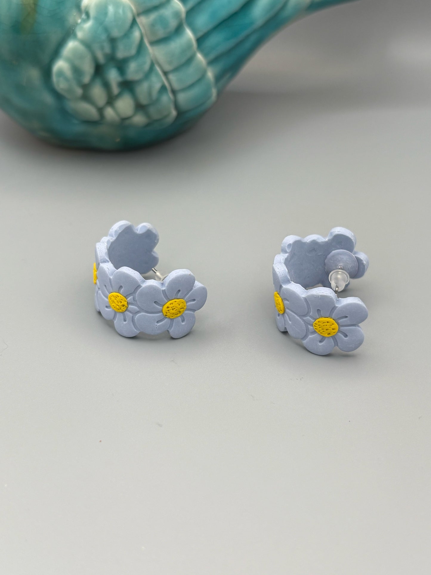 Blue Flower Huggie Earrings - handcrafted polymer clay earrings by Lakeside Clay