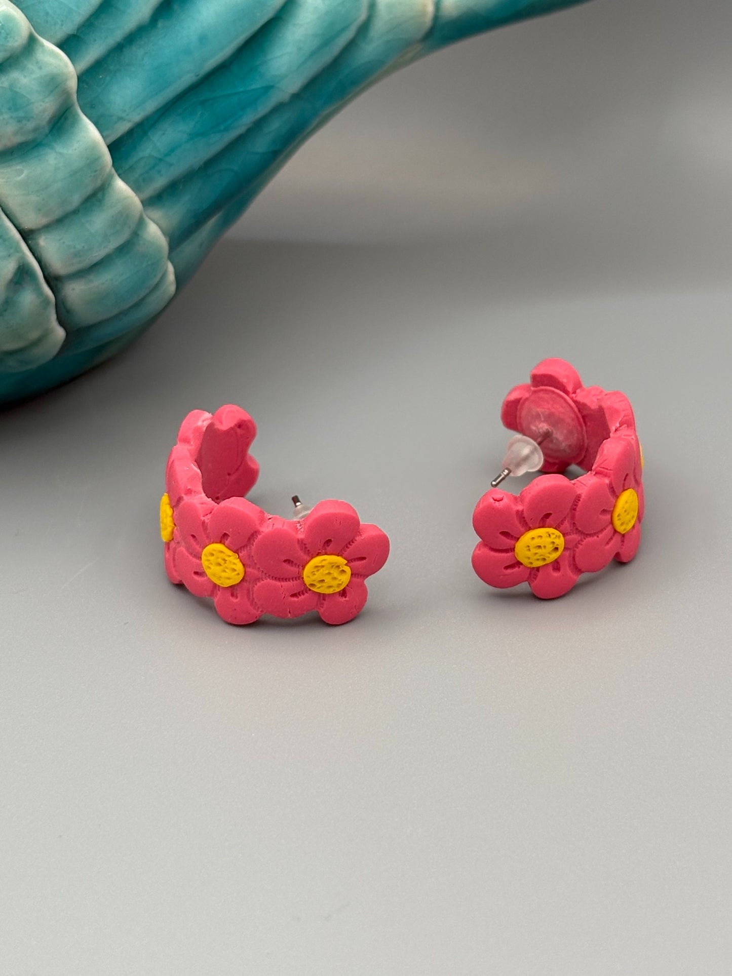 Pink Flower Huggie Earrings - handcrafted polymer clay earrings by Lakeside Clay