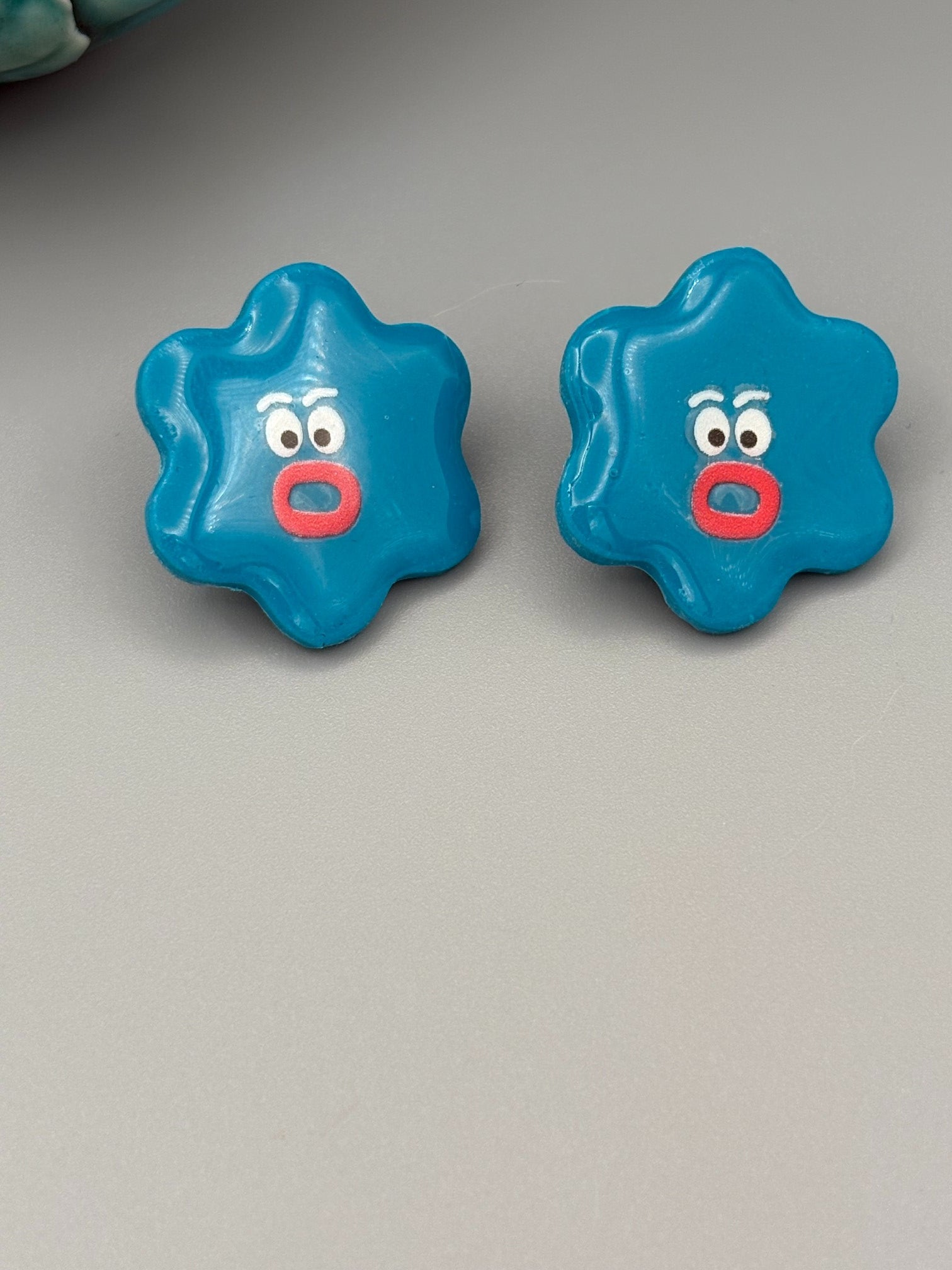 Teal Flower Funny Face Stud Earrings - handcrafted polymer clay earrings by Lakeside Clay