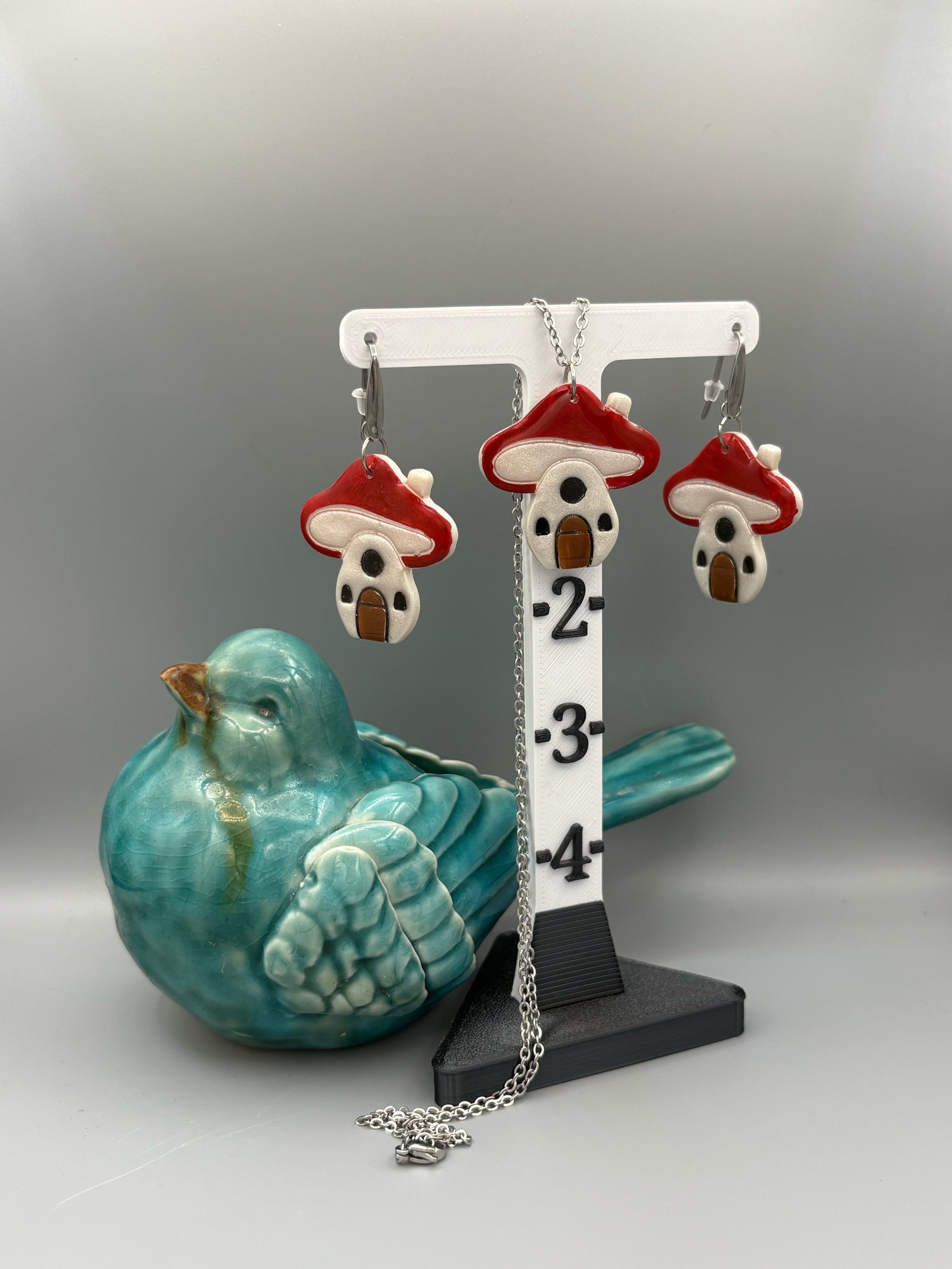 Mushroom House Necklace & Dangle Earrings Set - handcrafted polymer clay earrings by Lakeside Clay
