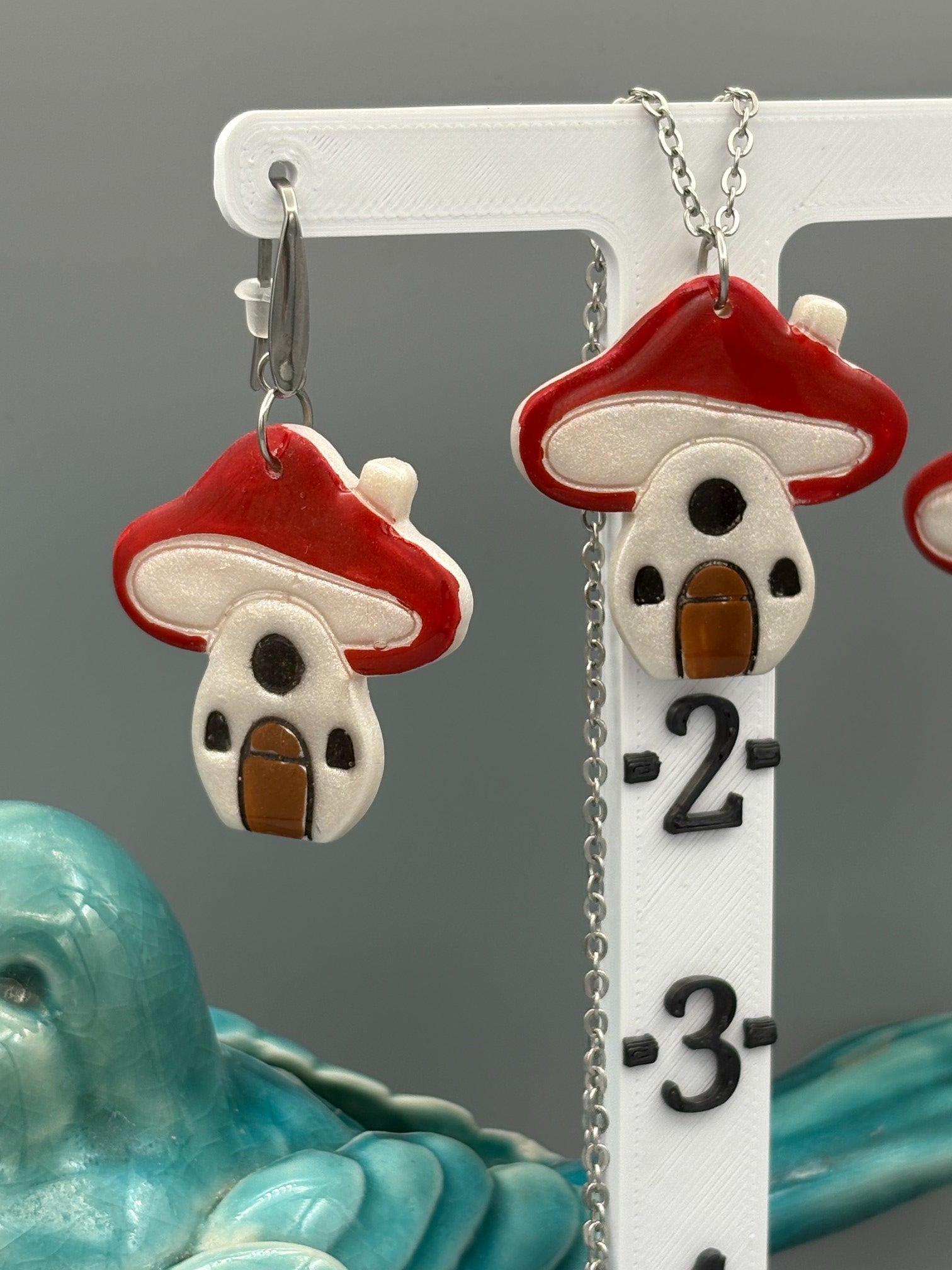 Mushroom House Necklace & Dangle Earrings Set - handcrafted polymer clay earrings by Lakeside Clay