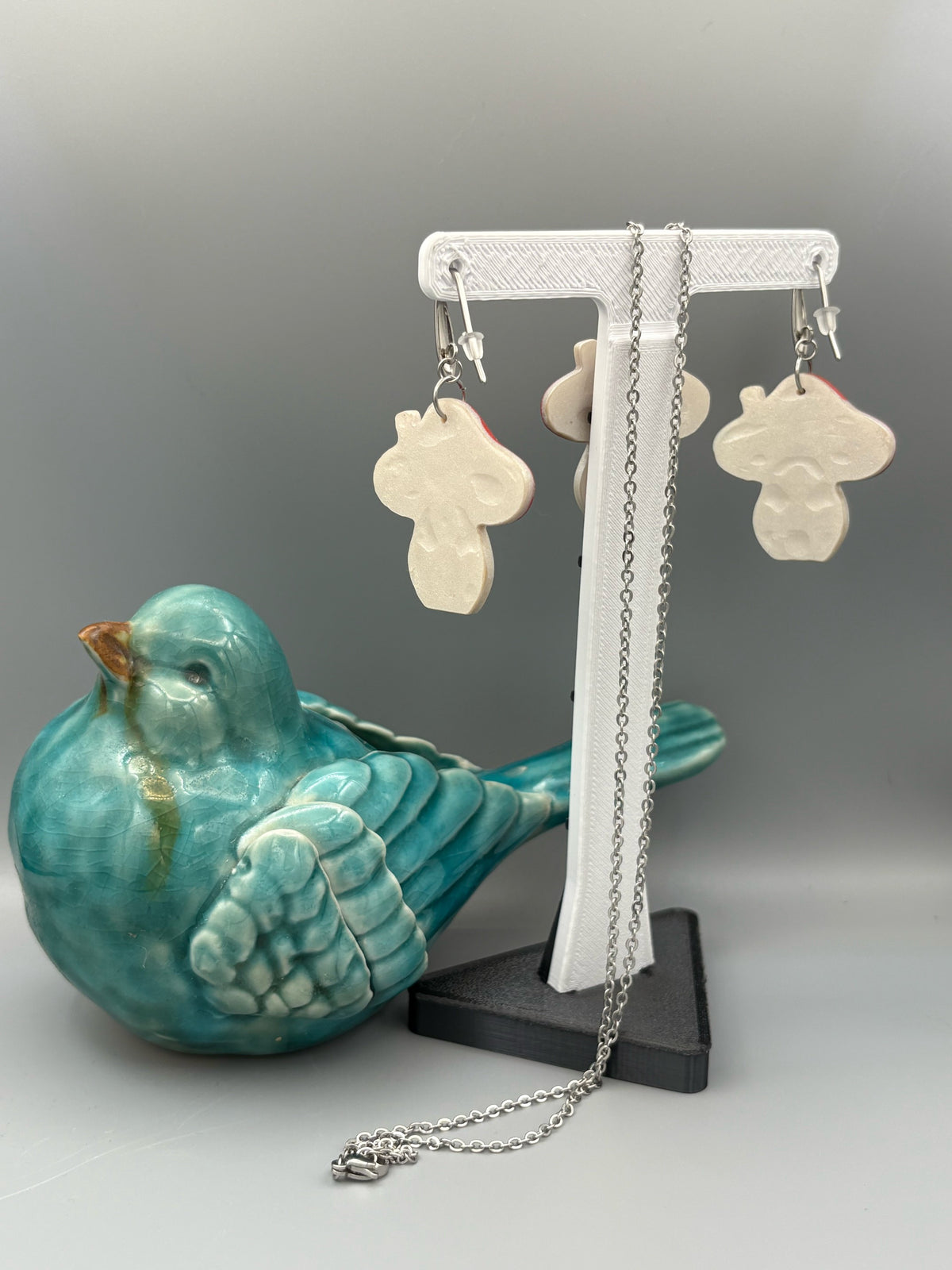 Mushroom House Necklace & Dangle Earrings Set - handcrafted polymer clay earrings by Lakeside Clay