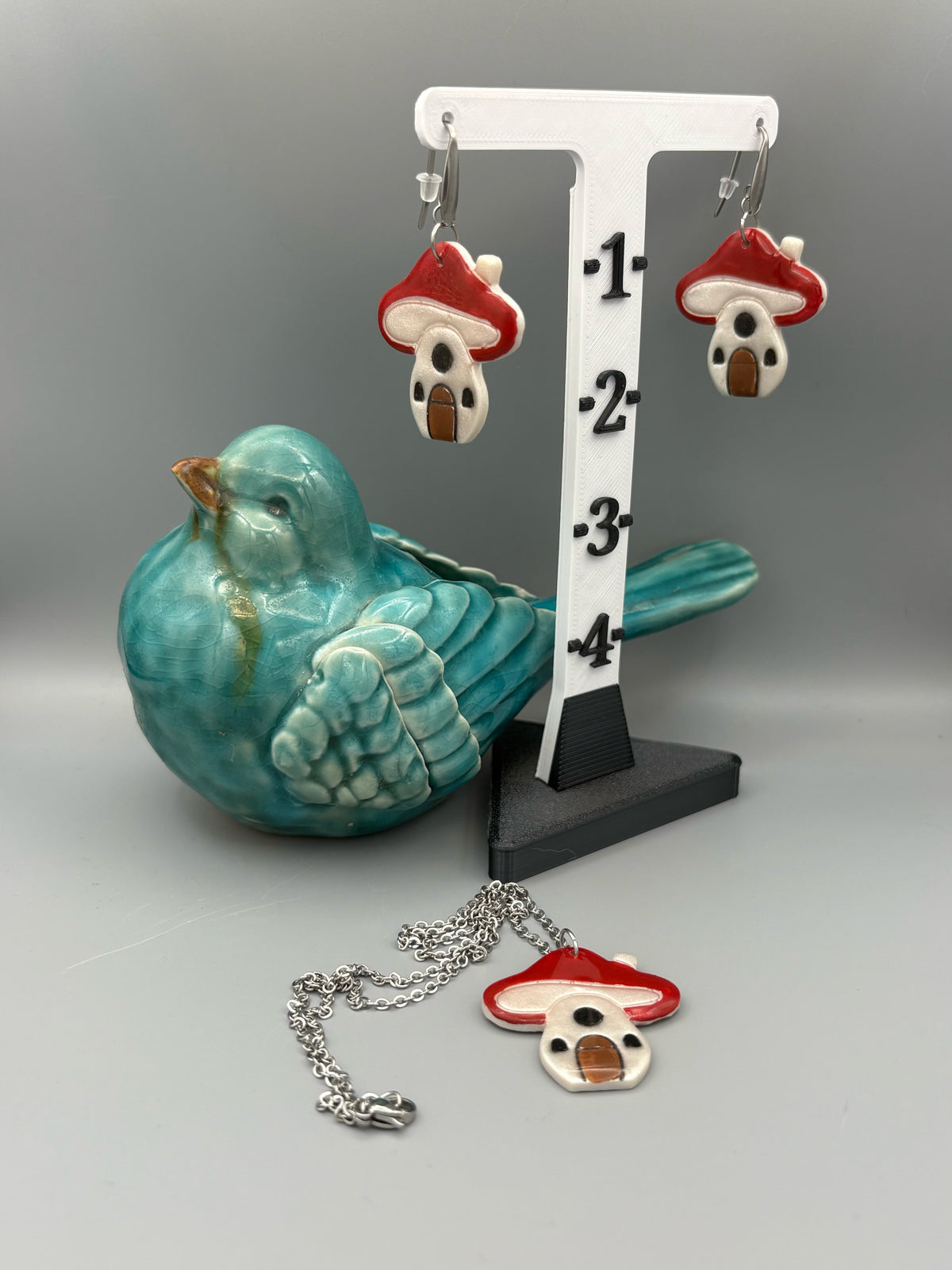 Mushroom House Necklace & Dangle Earrings Set - handcrafted polymer clay earrings by Lakeside Clay