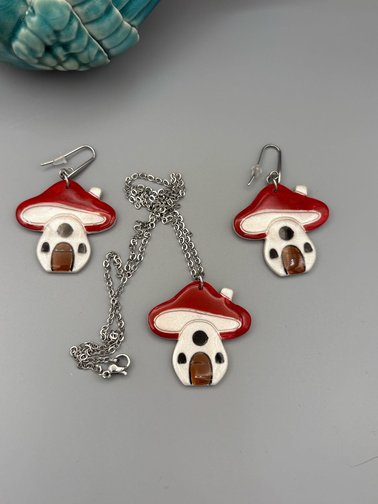 Mushroom House Necklace & Dangle Earrings Set - handcrafted polymer clay earrings by Lakeside Clay
