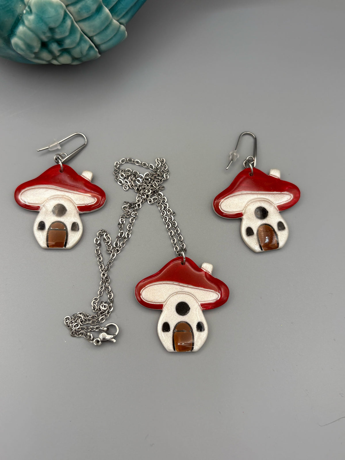 Mushroom House Necklace & Dangle Earrings Set - handcrafted polymer clay earrings by Lakeside Clay