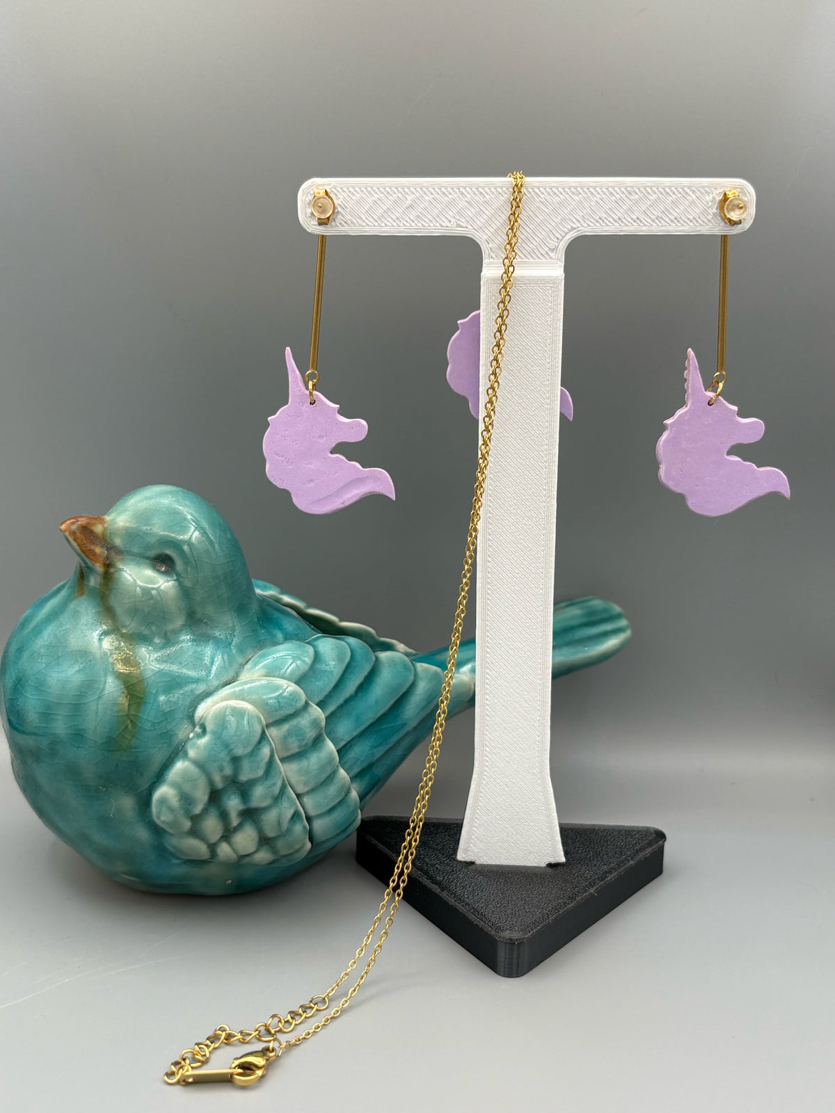 Purple Unicorn Dangle Earrings & Necklace Set - handcrafted polymer clay earrings by Lakeside Clay