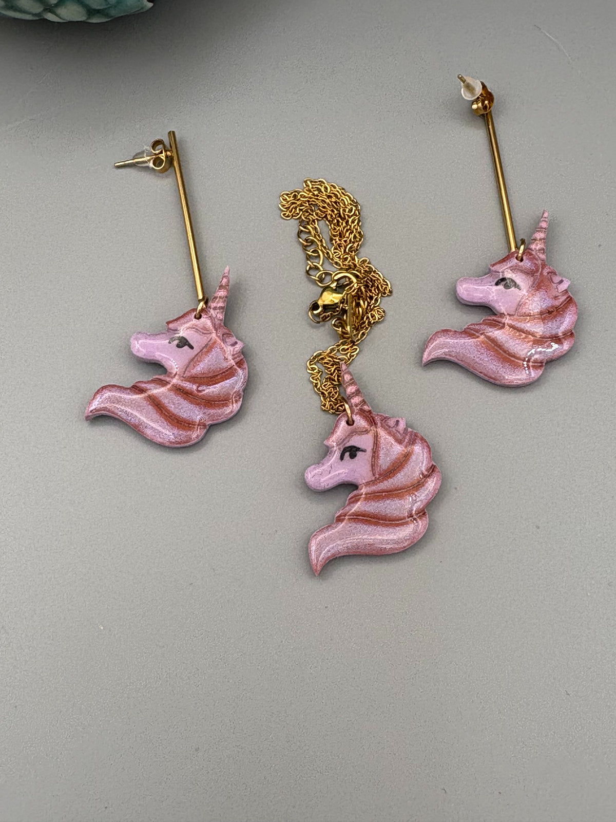 Purple Unicorn Dangle Earrings & Necklace Set - handcrafted polymer clay earrings by Lakeside Clay