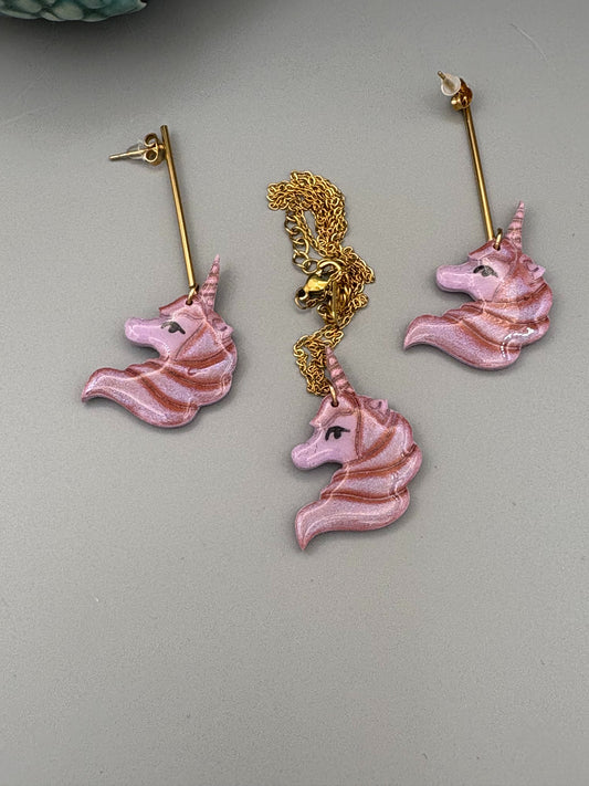 Purple Unicorn Dangle Earrings & Necklace Set - handcrafted polymer clay earrings by Lakeside Clay
