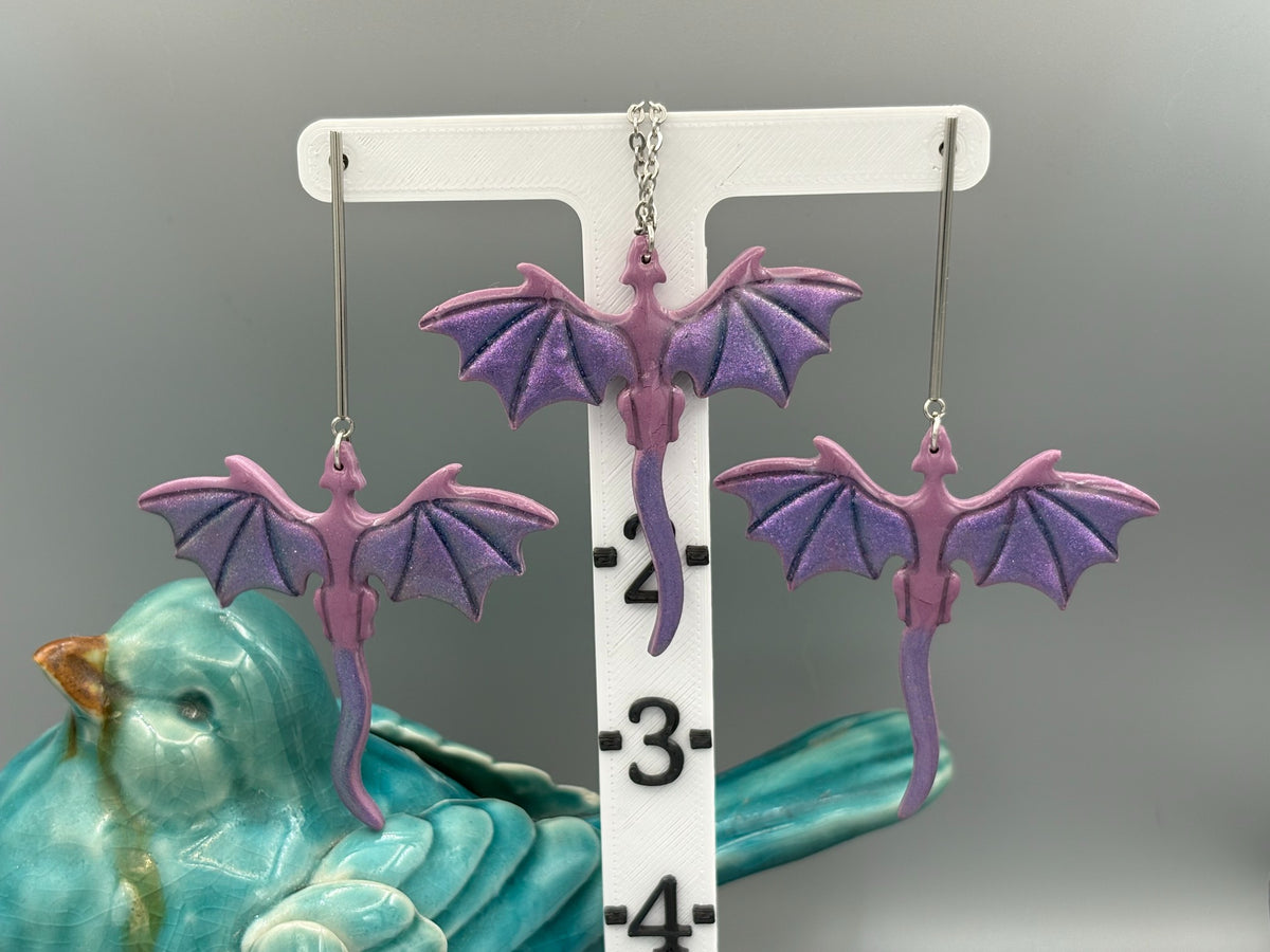 Purple Dragon Dangle Earrings & Necklace Set - handcrafted polymer clay earrings by Lakeside Clay