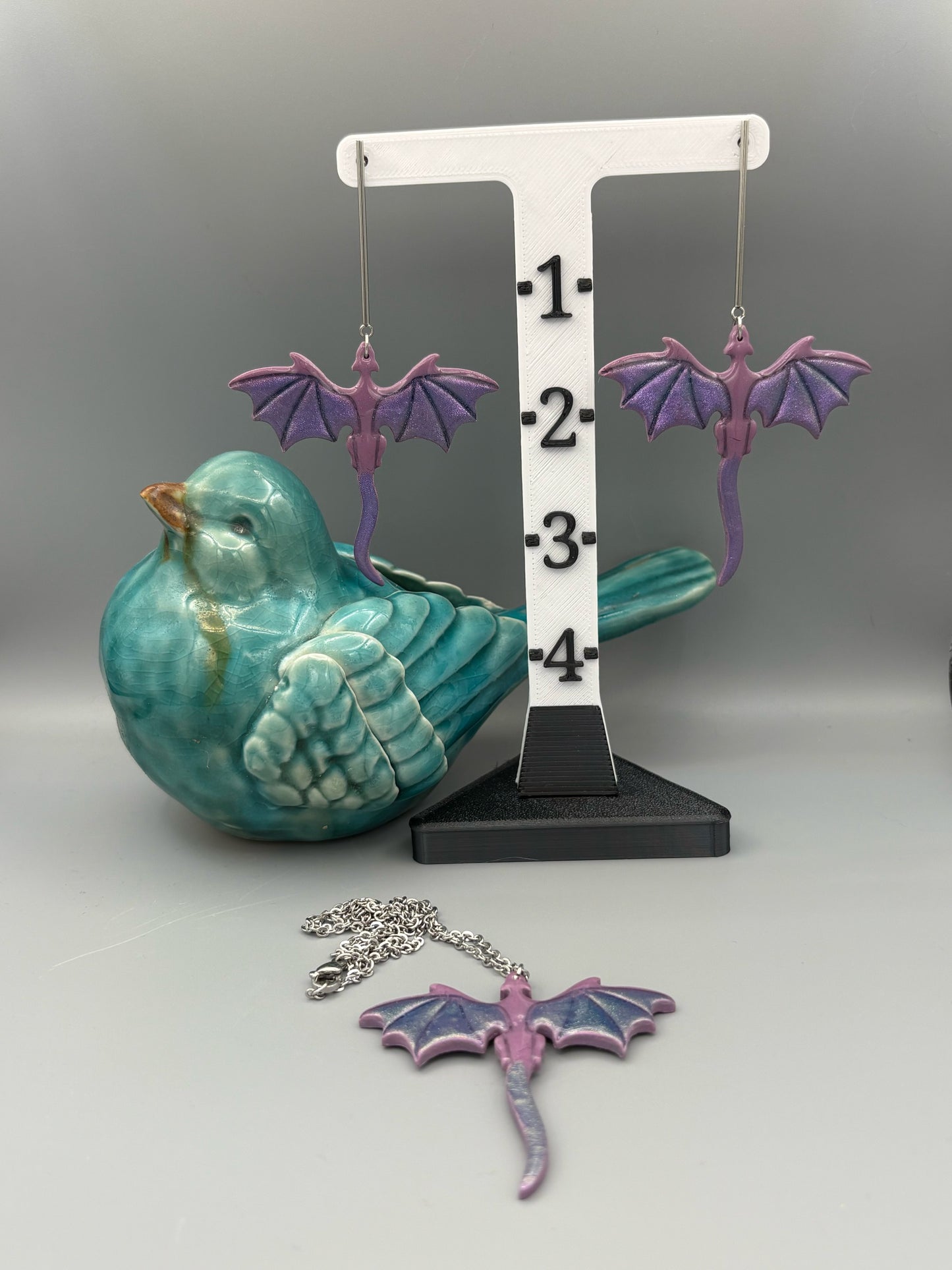 Purple Dragon Dangle Earrings & Necklace Set - handcrafted polymer clay earrings by Lakeside Clay
