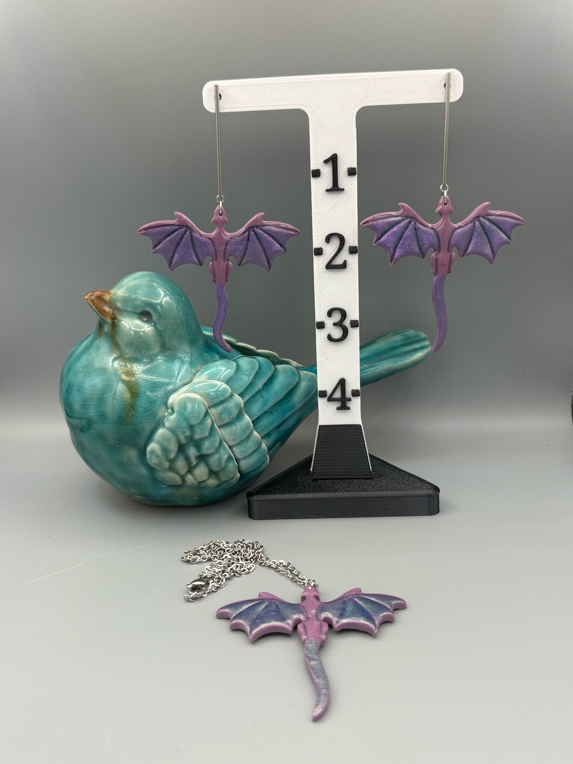 Purple Dragon Dangle Earrings & Necklace Set - handcrafted polymer clay earrings by Lakeside Clay