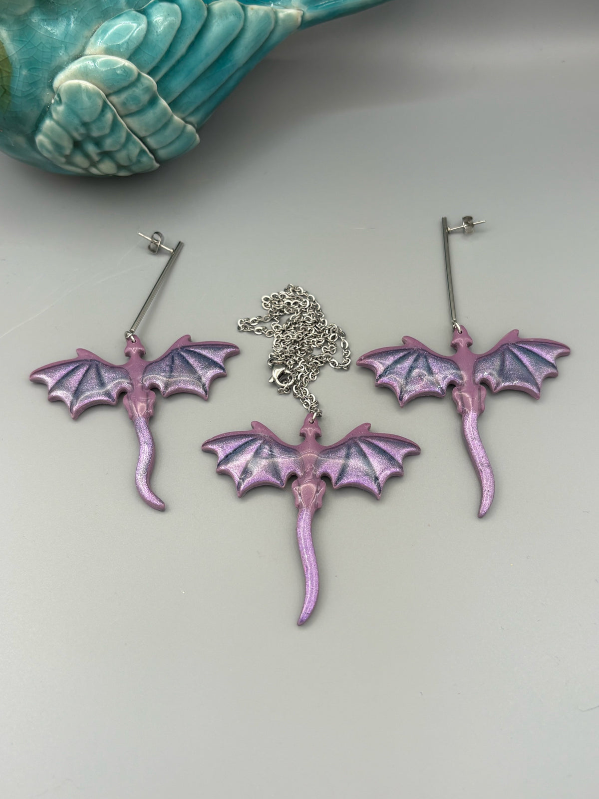 Purple Dragon Dangle Earrings & Necklace Set - handcrafted polymer clay earrings by Lakeside Clay