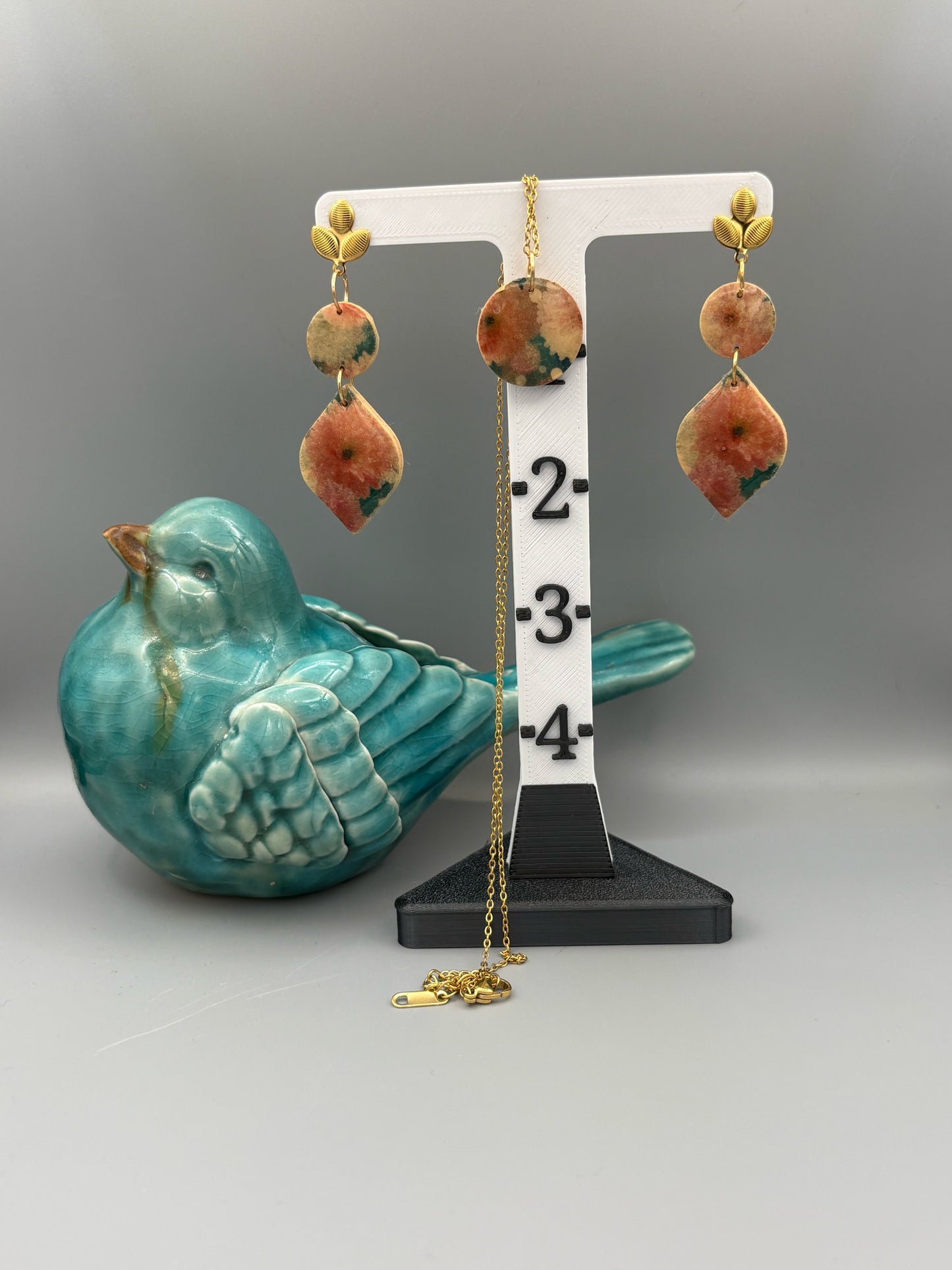 Flower Pattern Dangle Earrings & Necklace Set - handcrafted polymer clay earrings by Lakeside Clay