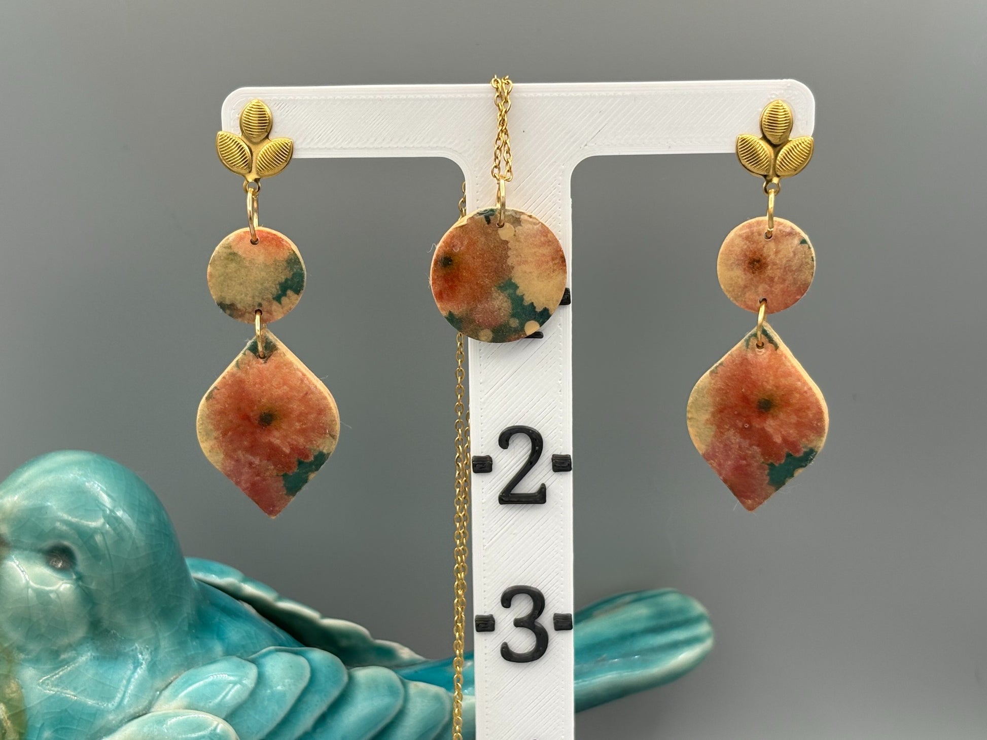 Flower Pattern Dangle Earrings & Necklace Set - handcrafted polymer clay earrings by Lakeside Clay