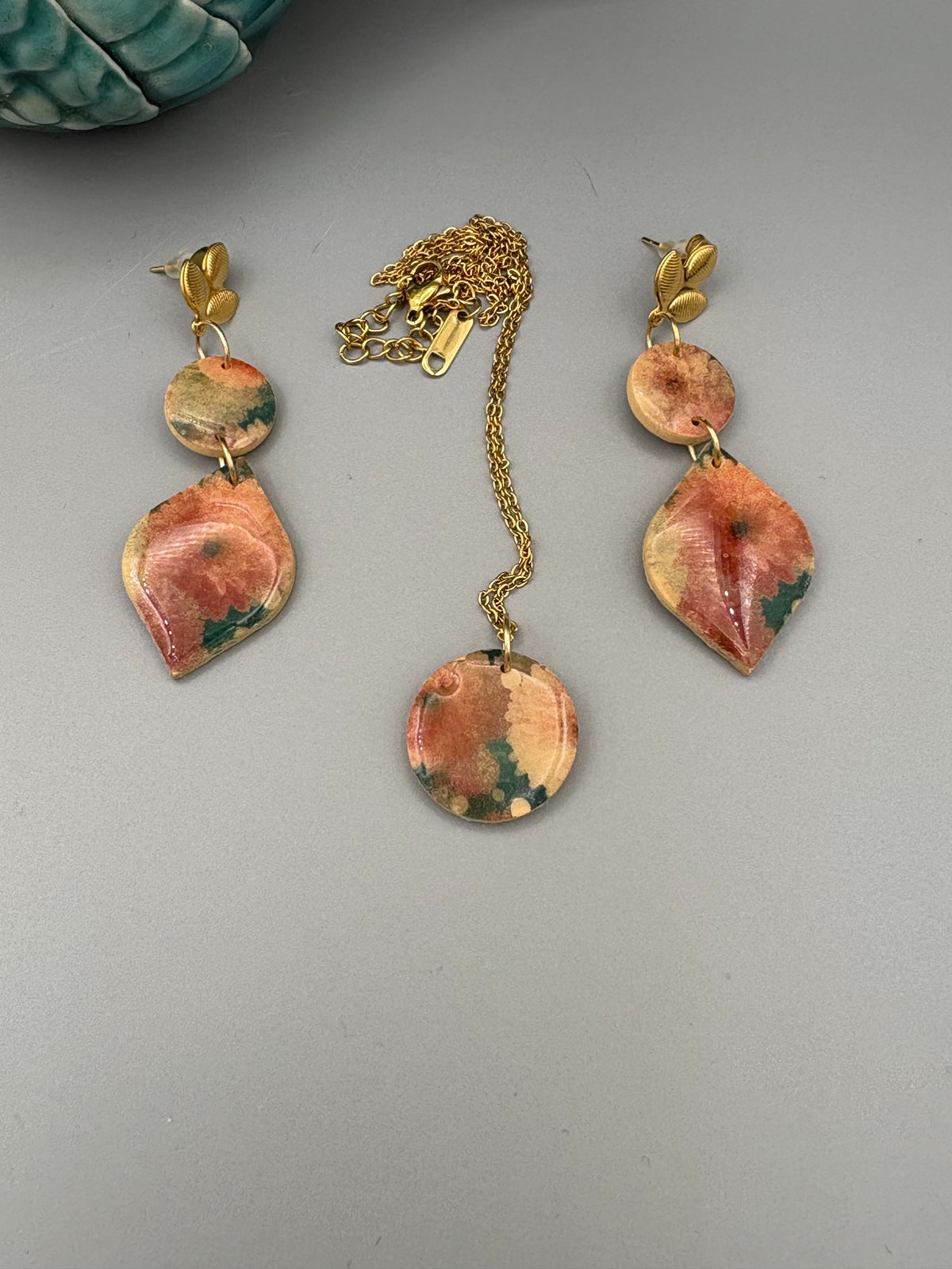 Flower Pattern Dangle Earrings & Necklace Set - handcrafted polymer clay earrings by Lakeside Clay