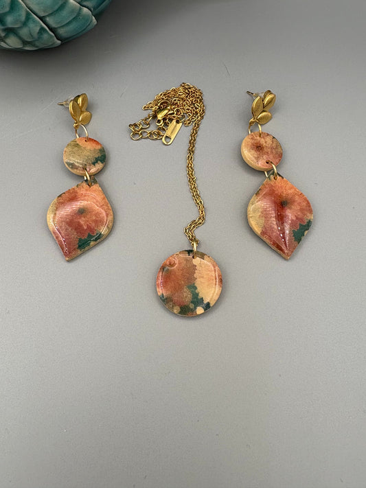 Flower Pattern Dangle Earrings & Necklace Set - handcrafted polymer clay earrings by Lakeside Clay