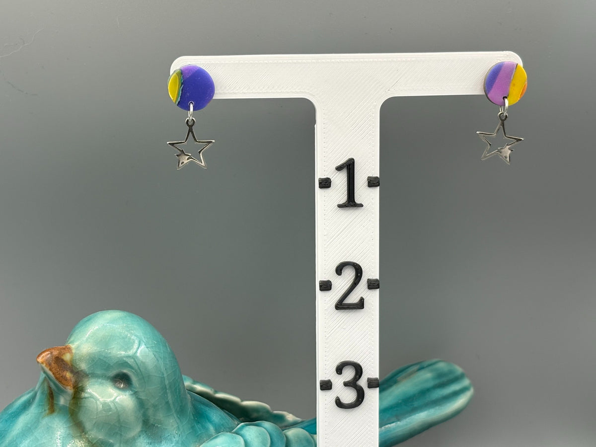 Water Colour Circle Stud Earrings with Star Charms - handcrafted polymer clay earrings by Lakeside Clay
