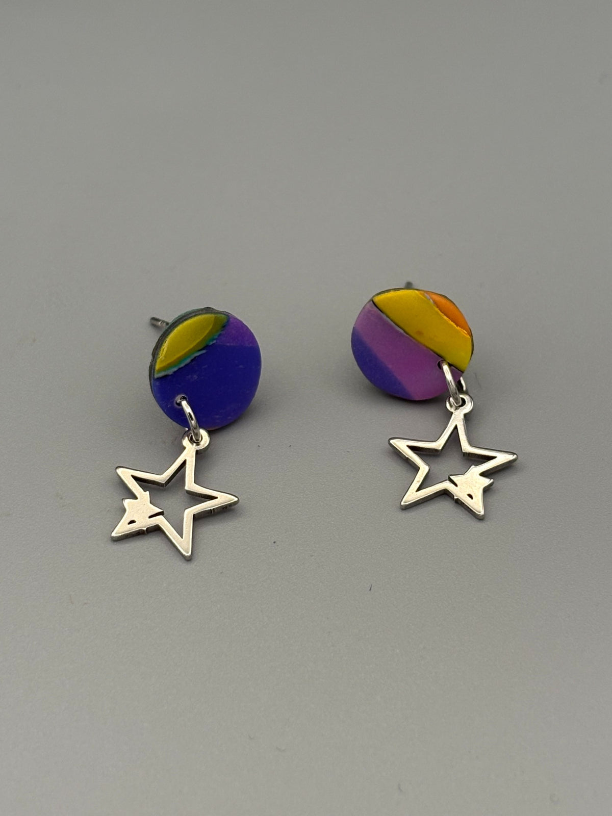Water Colour Circle Stud Earrings with Star Charms - handcrafted polymer clay earrings by Lakeside Clay