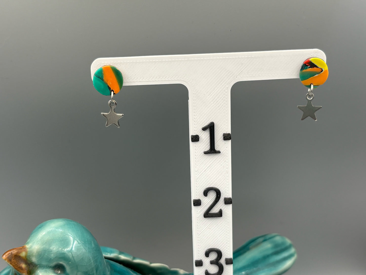 Water Colour Circle Stud Earrings with Star Charms - handcrafted polymer clay earrings by Lakeside Clay