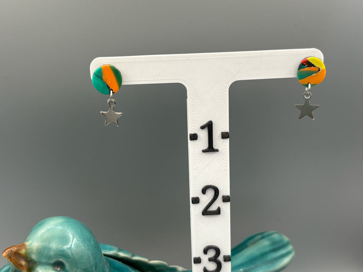 Water Colour Circle Stud Earrings with Star Charms - handcrafted polymer clay earrings by Lakeside Clay
