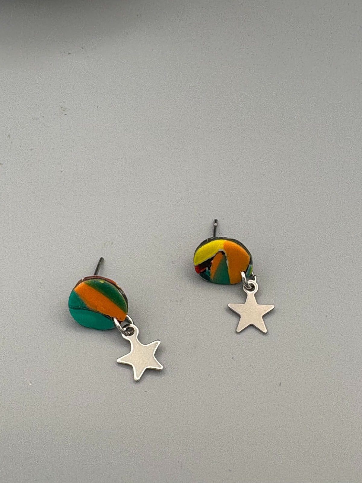 Water Colour Circle Stud Earrings with Star Charms - handcrafted polymer clay earrings by Lakeside Clay