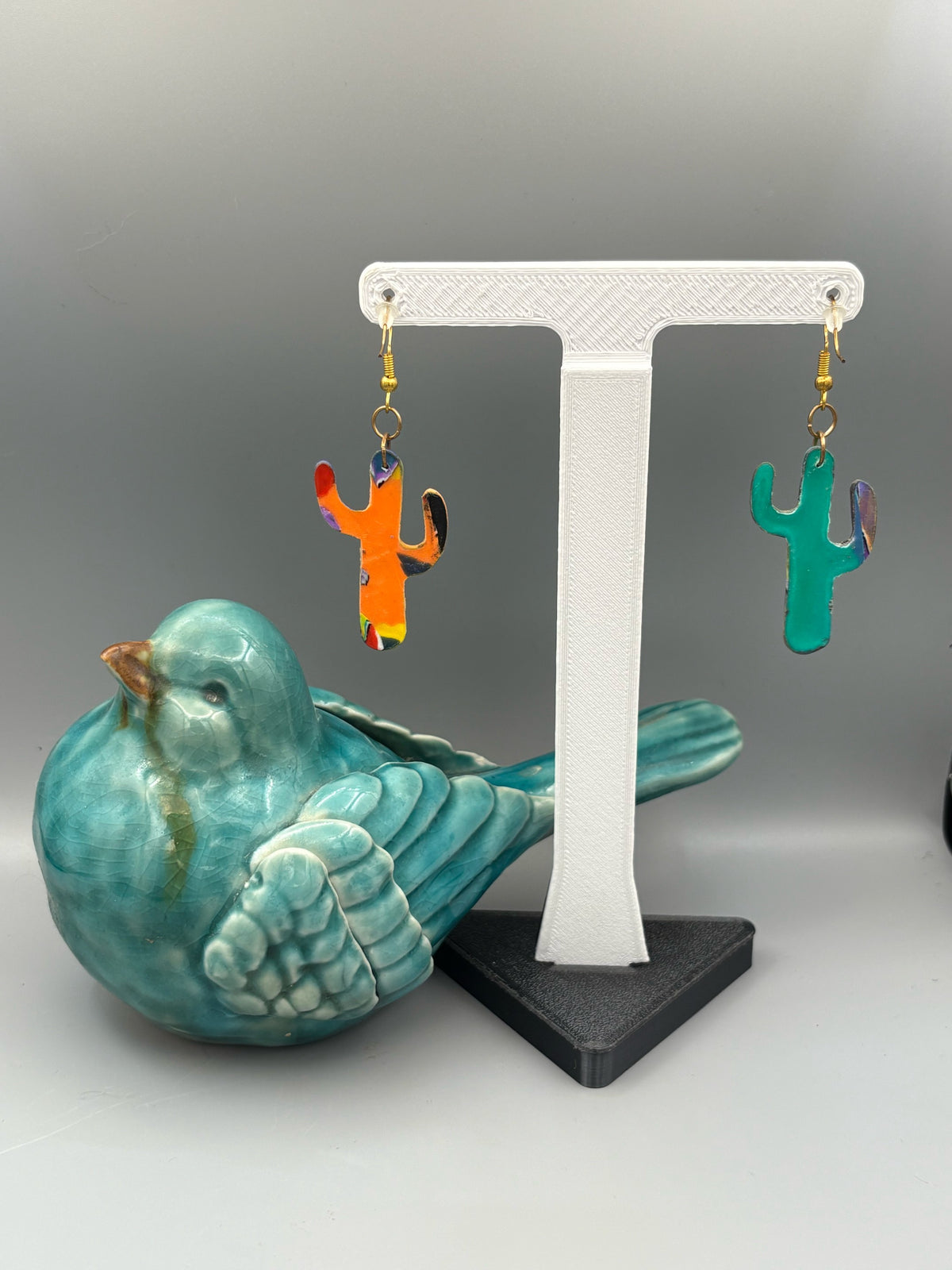 Water Colour Cactus Dangle Earrings - handcrafted polymer clay earrings by Lakeside Clay