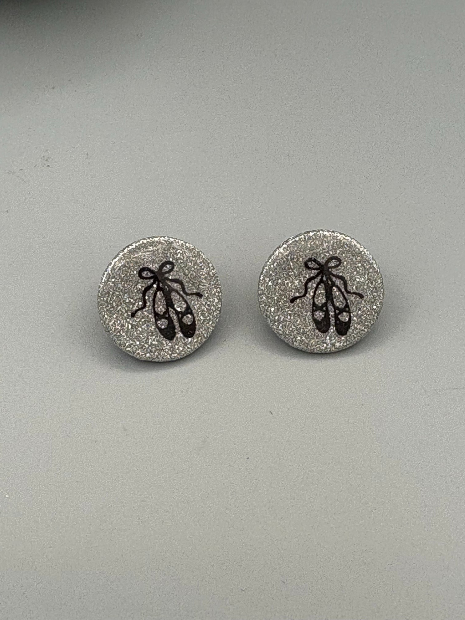 Silver Ballet Slipper Circle Stud Earrings - handcrafted polymer clay earrings by Lakeside Clay