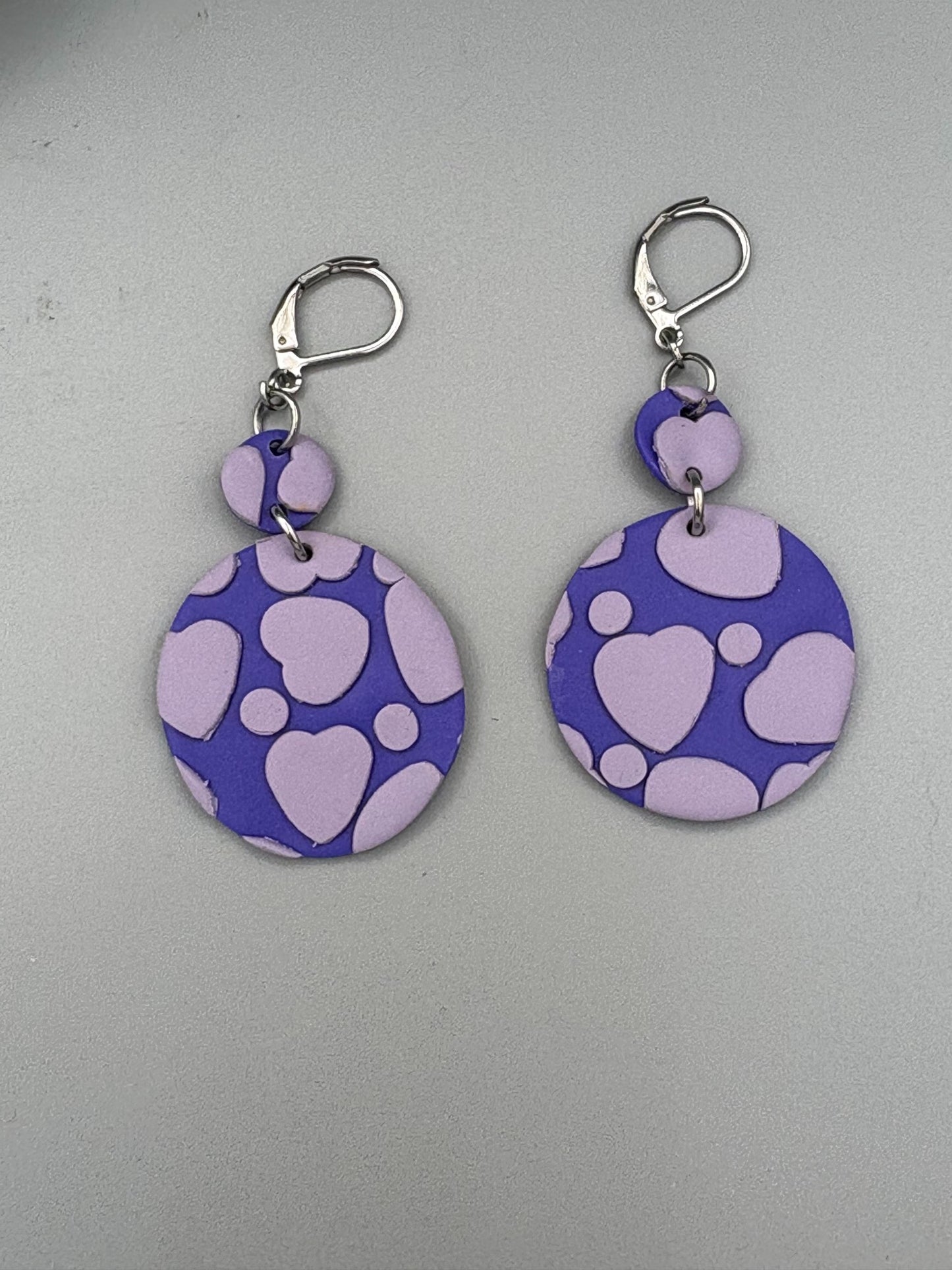 Purple Heart Double Circle Dangle Earrings - handcrafted polymer clay earrings by Lakeside Clay