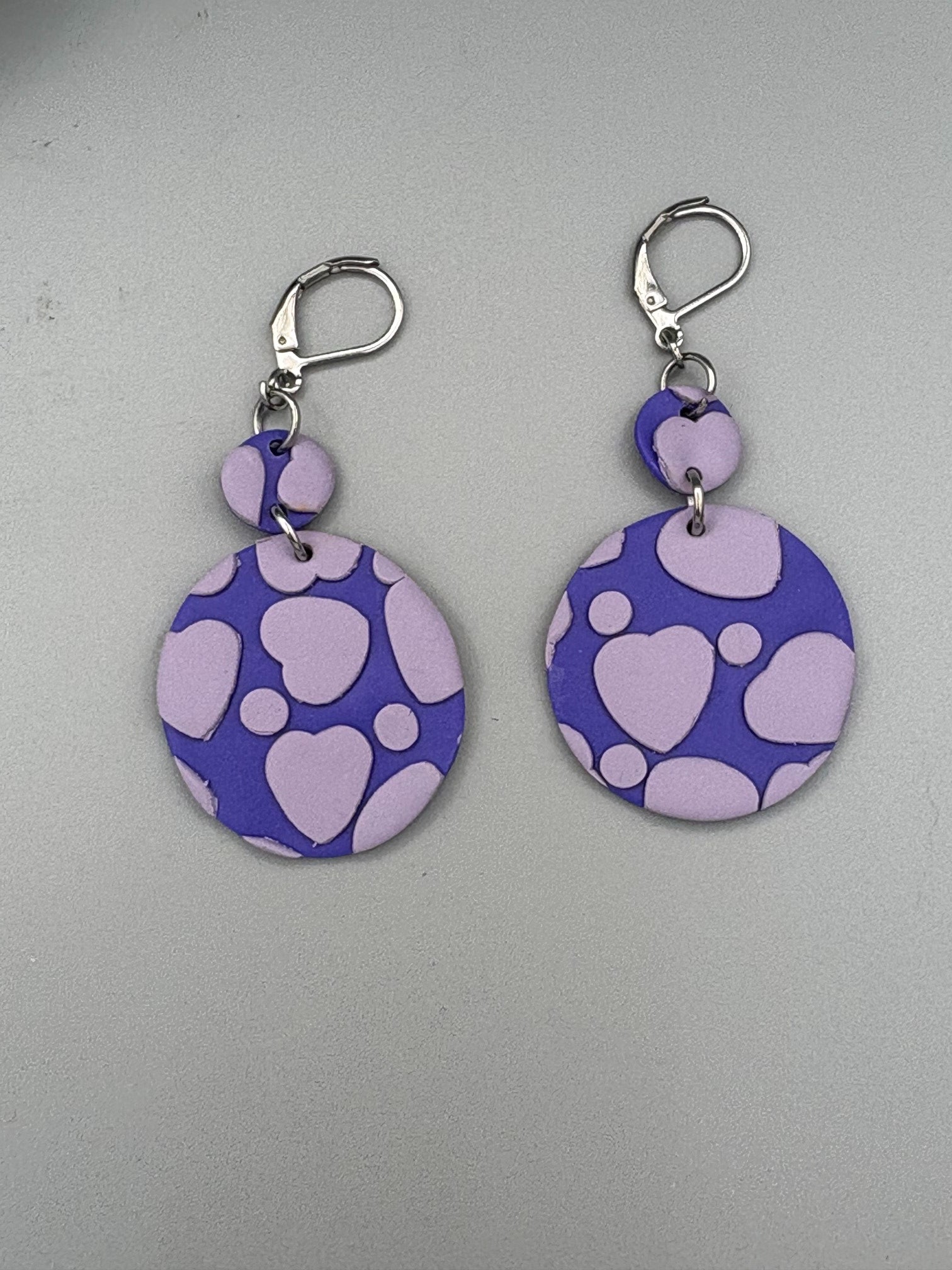 Purple Heart Double Circle Dangle Earrings - handcrafted polymer clay earrings by Lakeside Clay