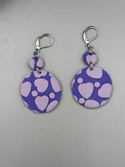 Purple Heart Double Circle Dangle Earrings - handcrafted polymer clay earrings by Lakeside Clay