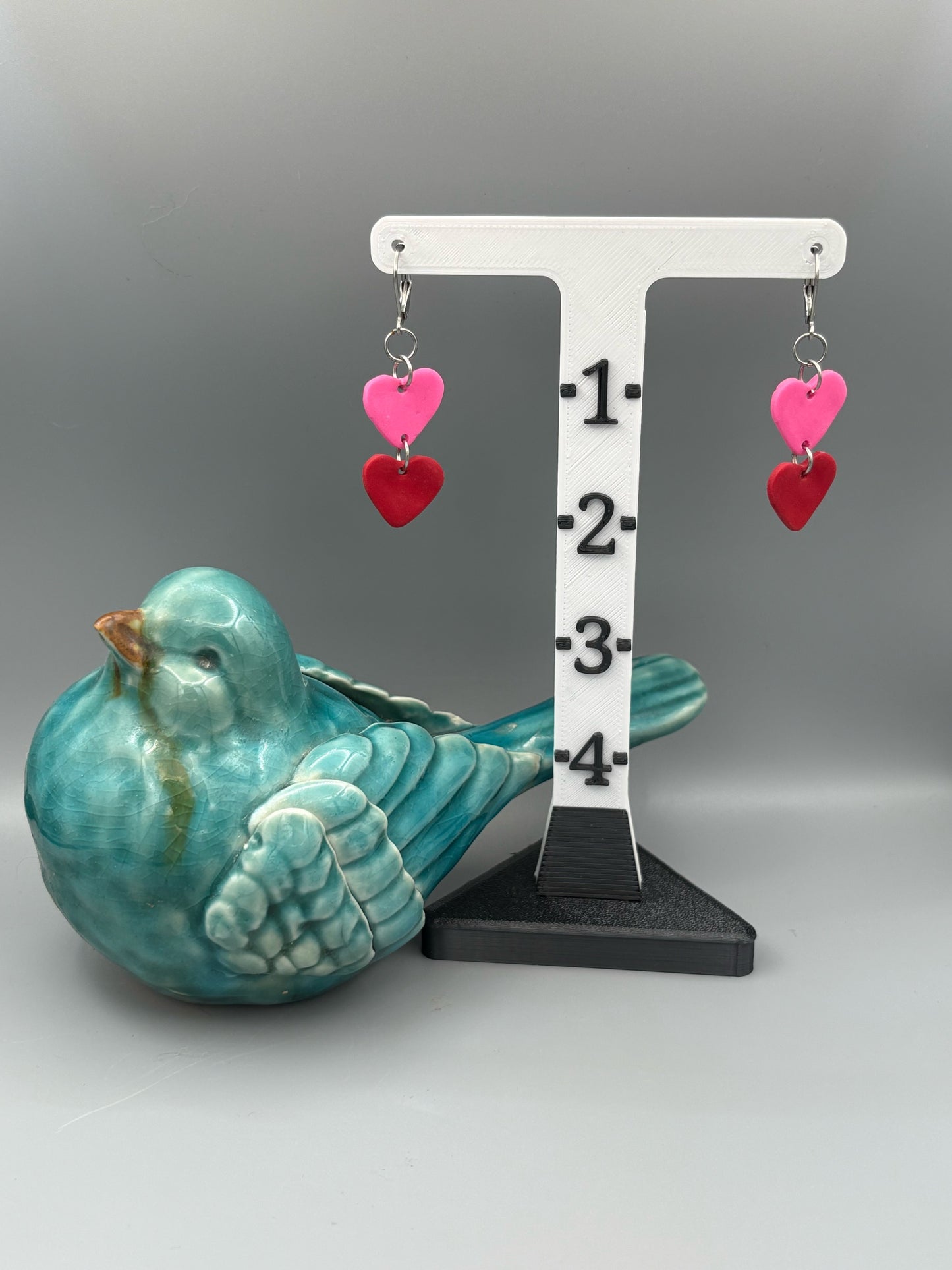 Red & Pink Heart Dangle Earrings - handcrafted polymer clay earrings by Lakeside Clay