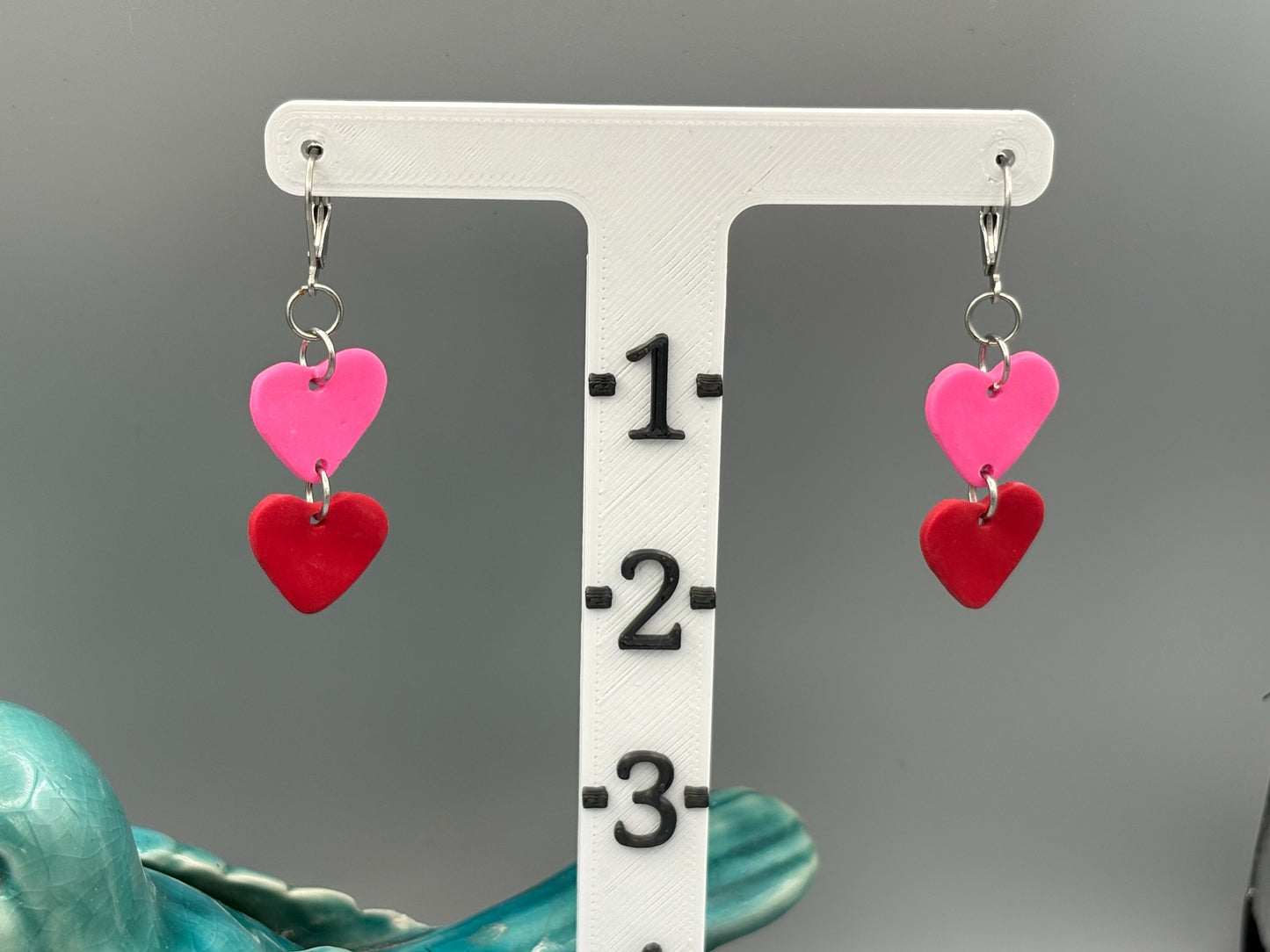 Red & Pink Heart Dangle Earrings - handcrafted polymer clay earrings by Lakeside Clay