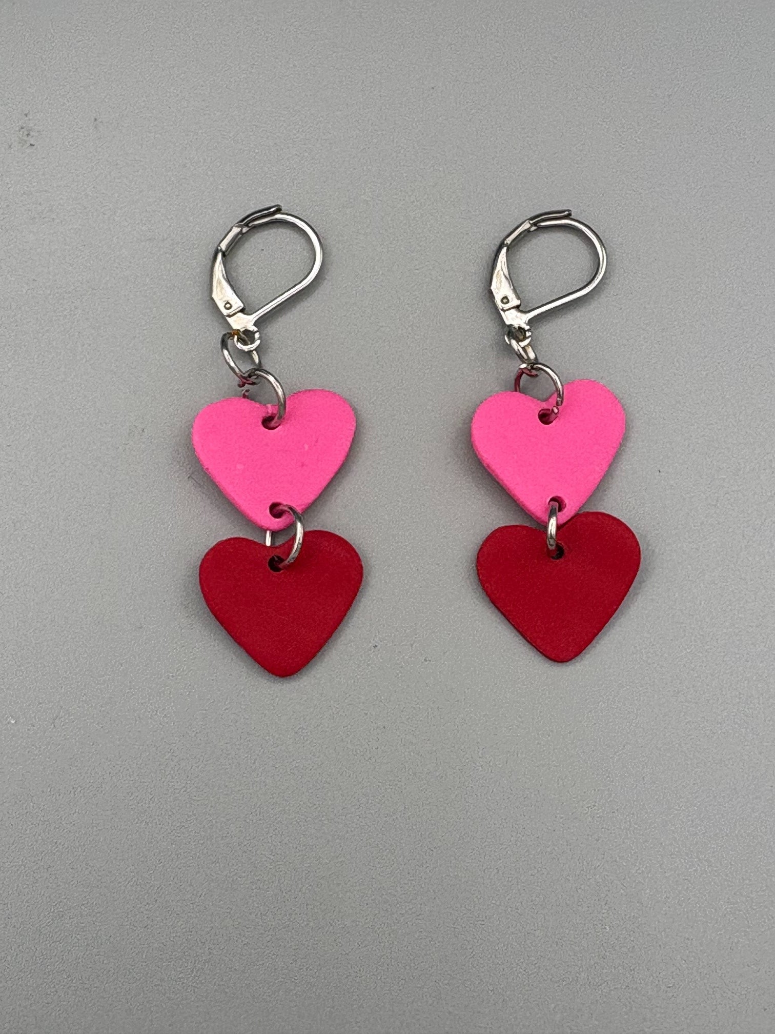 Red & Pink Heart Dangle Earrings - handcrafted polymer clay earrings by Lakeside Clay