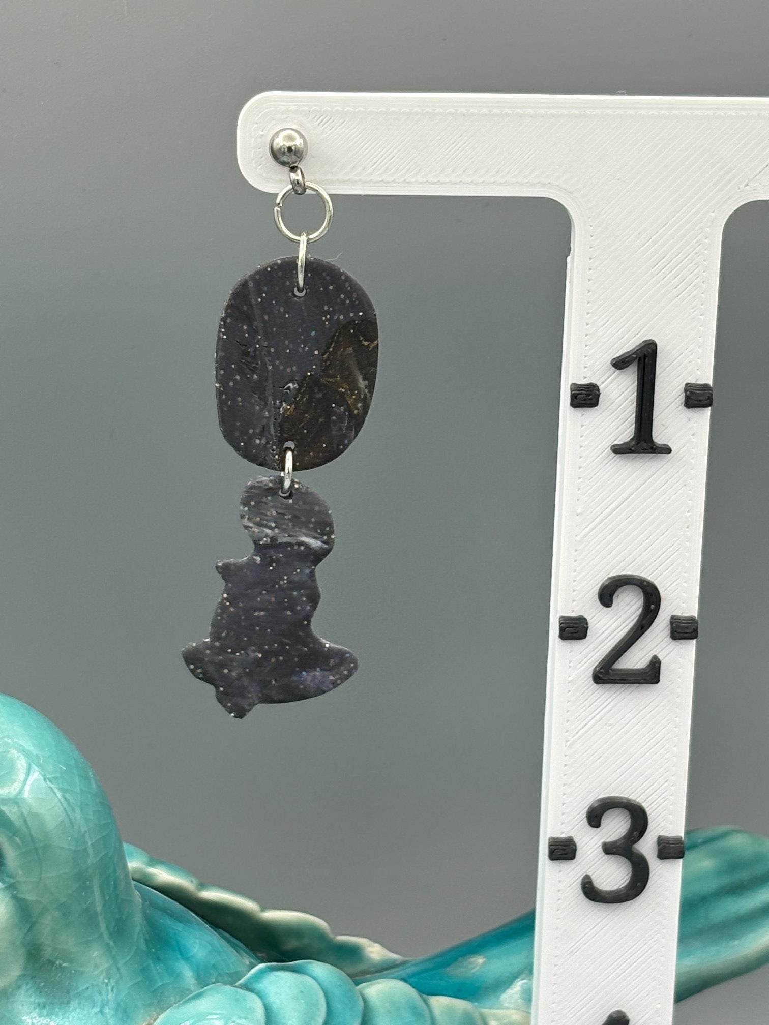 Midnight Sky Oval & Dinosaur Dangle Earrings - handcrafted polymer clay earrings by Lakeside Clay