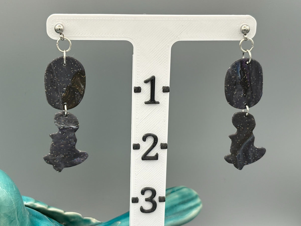 Midnight Sky Oval & Dinosaur Dangle Earrings - handcrafted polymer clay earrings by Lakeside Clay