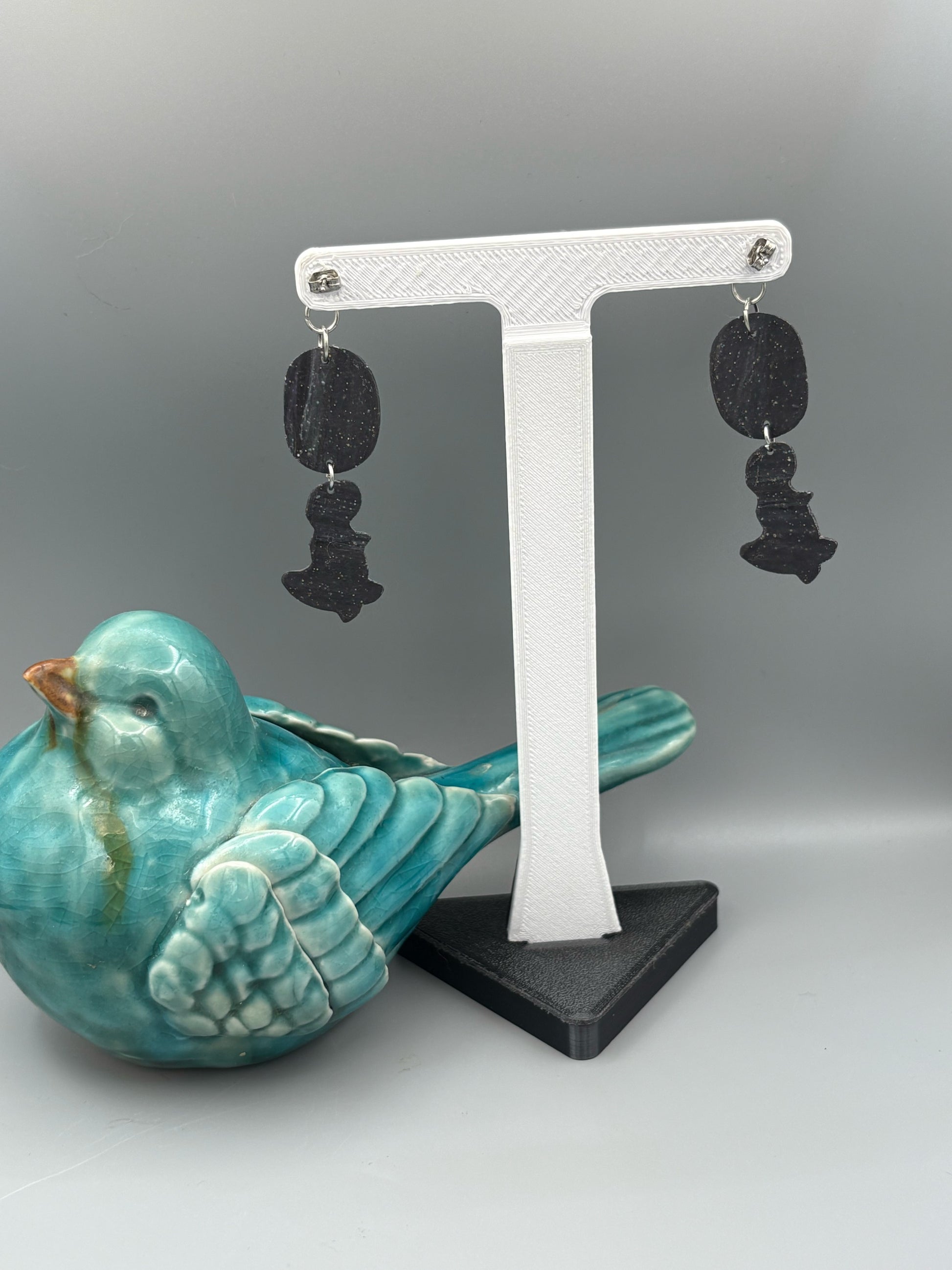 Midnight Sky Oval & Dinosaur Dangle Earrings - handcrafted polymer clay earrings by Lakeside Clay