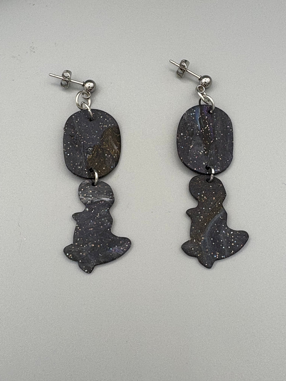 Midnight Sky Oval & Dinosaur Dangle Earrings - handcrafted polymer clay earrings by Lakeside Clay