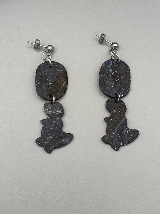 Midnight Sky Oval & Dinosaur Dangle Earrings - handcrafted polymer clay earrings by Lakeside Clay