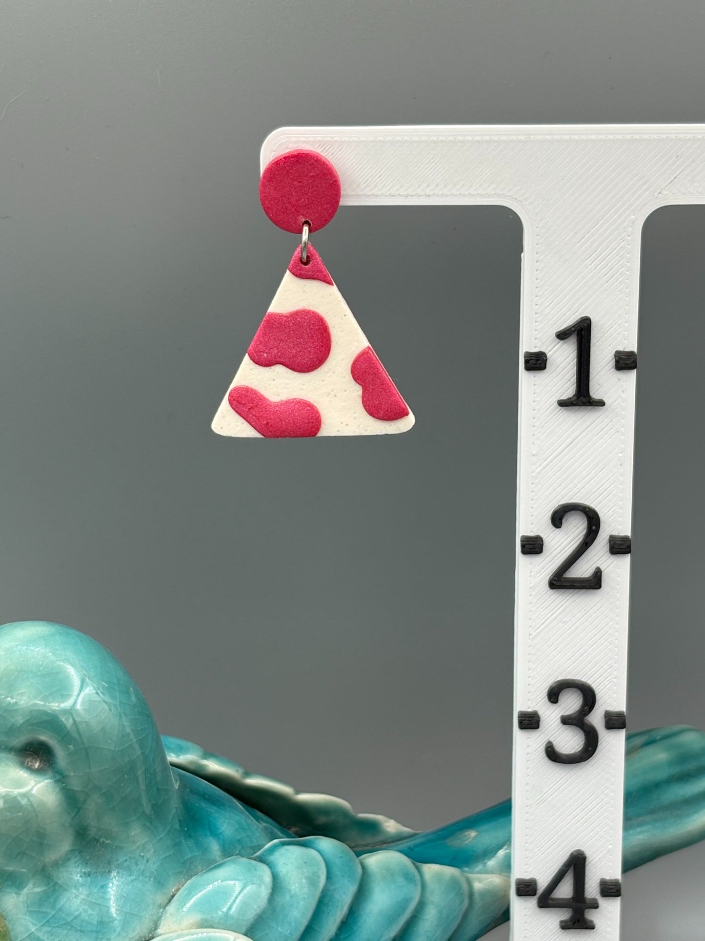 Pink Cow Print Triangle Dangle Earrings - handcrafted polymer clay earrings by Lakeside Clay