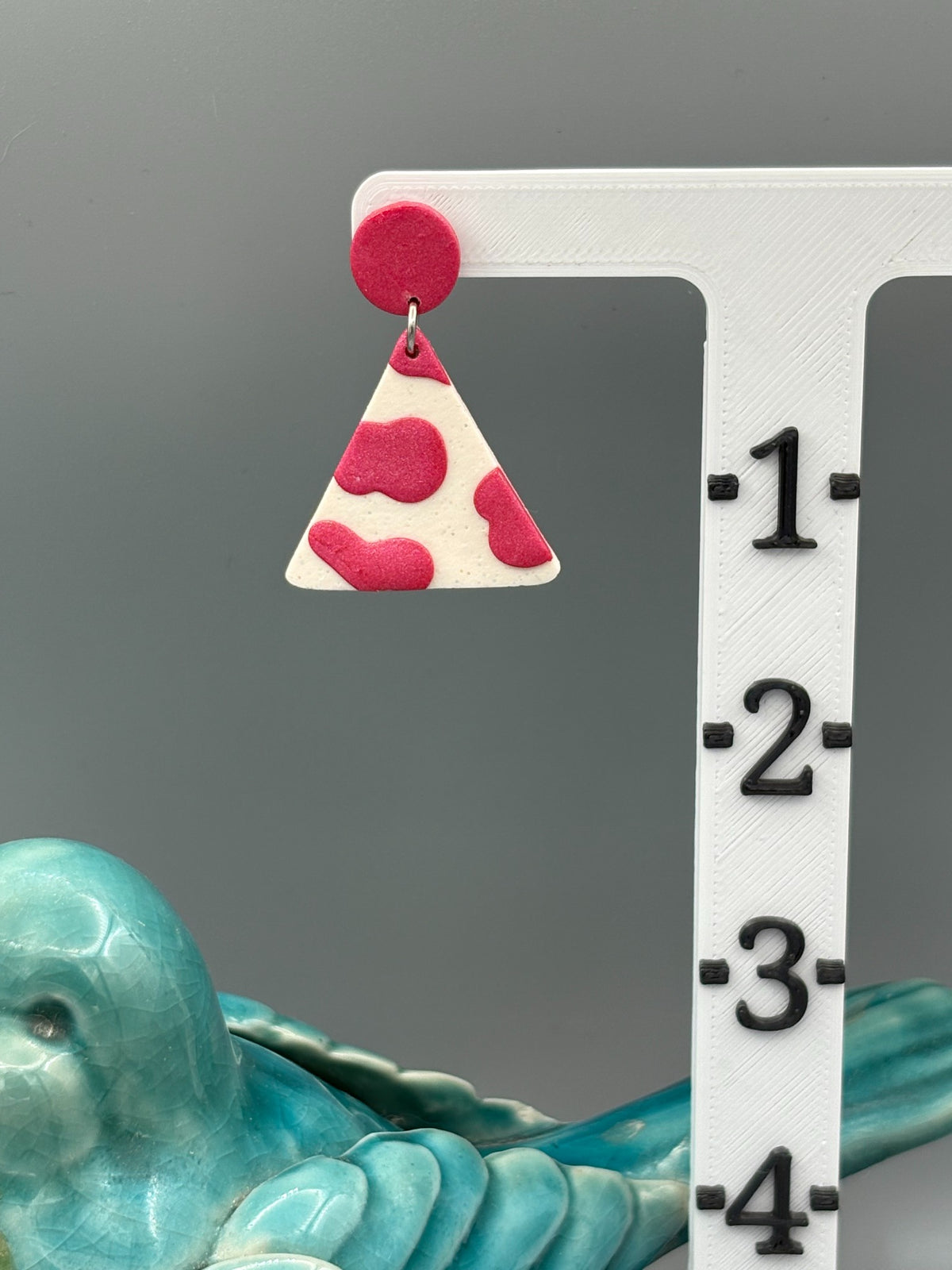 Pink Cow Print Triangle Dangle Earrings - handcrafted polymer clay earrings by Lakeside Clay
