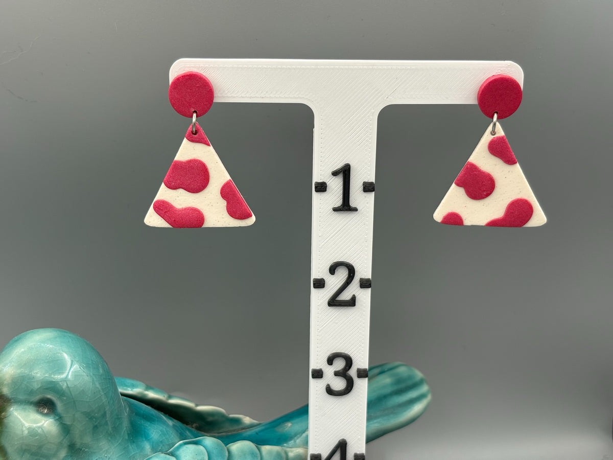 Pink Cow Print Triangle Dangle Earrings - handcrafted polymer clay earrings by Lakeside Clay