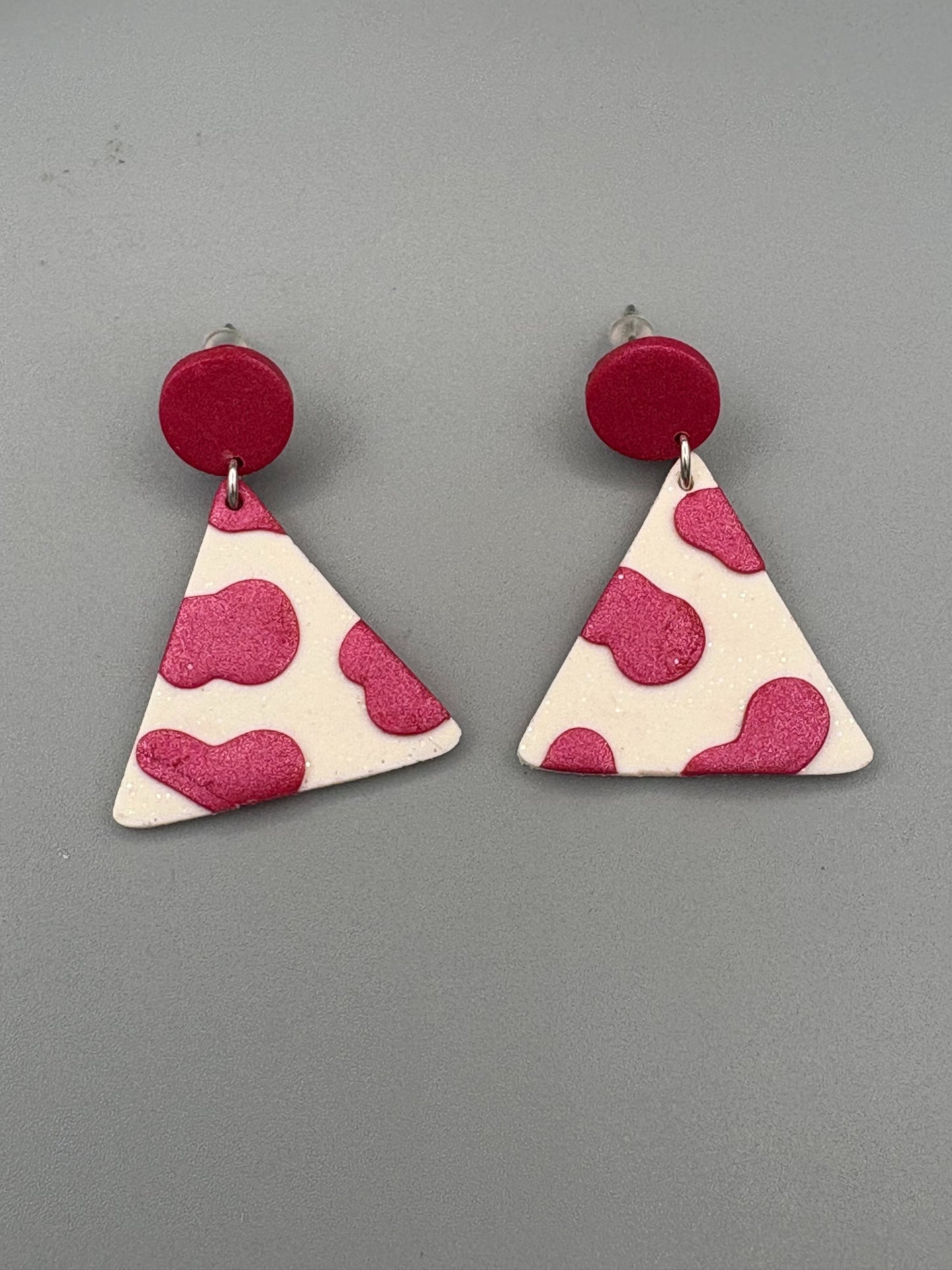 Pink Cow Print Triangle Dangle Earrings - handcrafted polymer clay earrings by Lakeside Clay